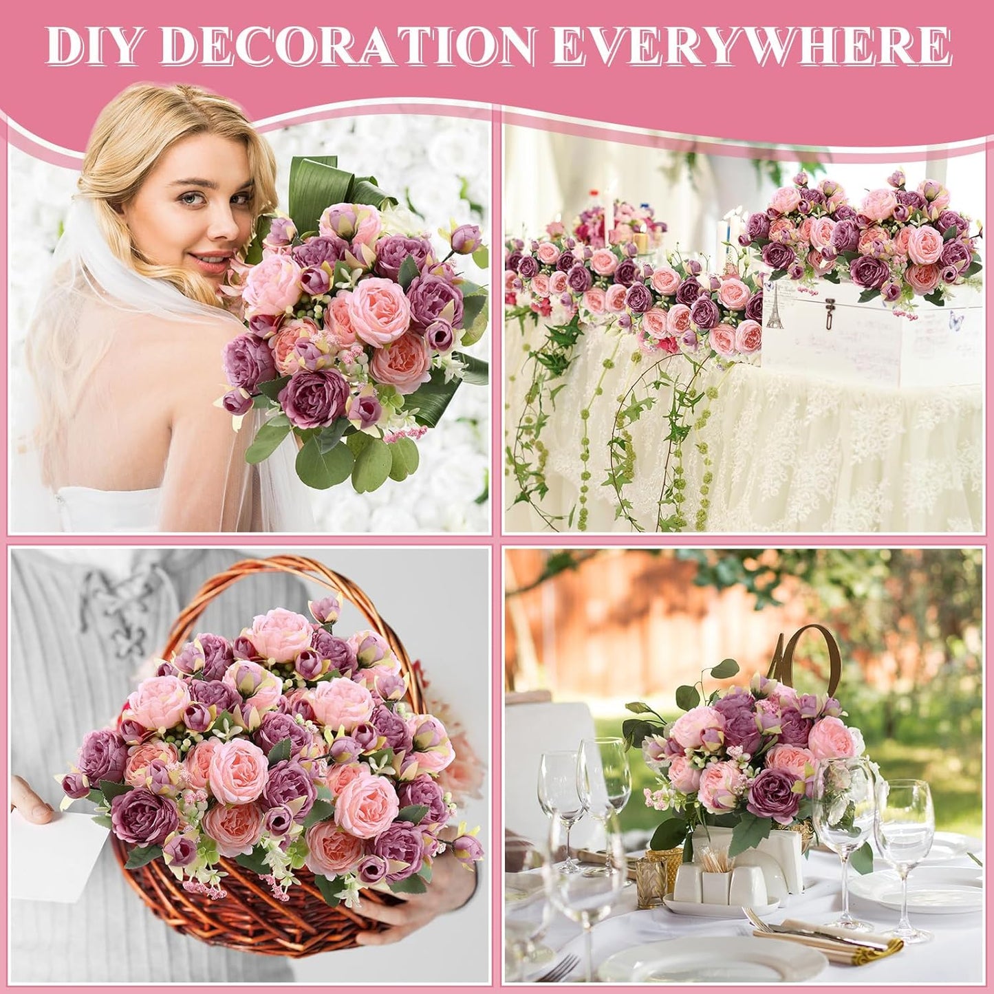 8 Bundles Artificial Peonies Flowers Boho Faux Flowers Arrangements Artificial Centerpiece Spring Bouquet Floral Wedding Decoration for Vase(Pink, Dark Pink)