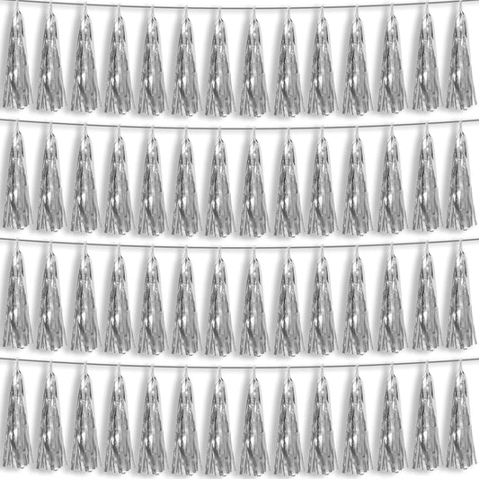 4P Silver Foil Fringe Metallic Tassel Streamers Banner Tassel Garland for Parade Floats, Bachelorette, Wedding, Birthday, Halloween, Christmas, Bridal/Baby Shower Party Decorations