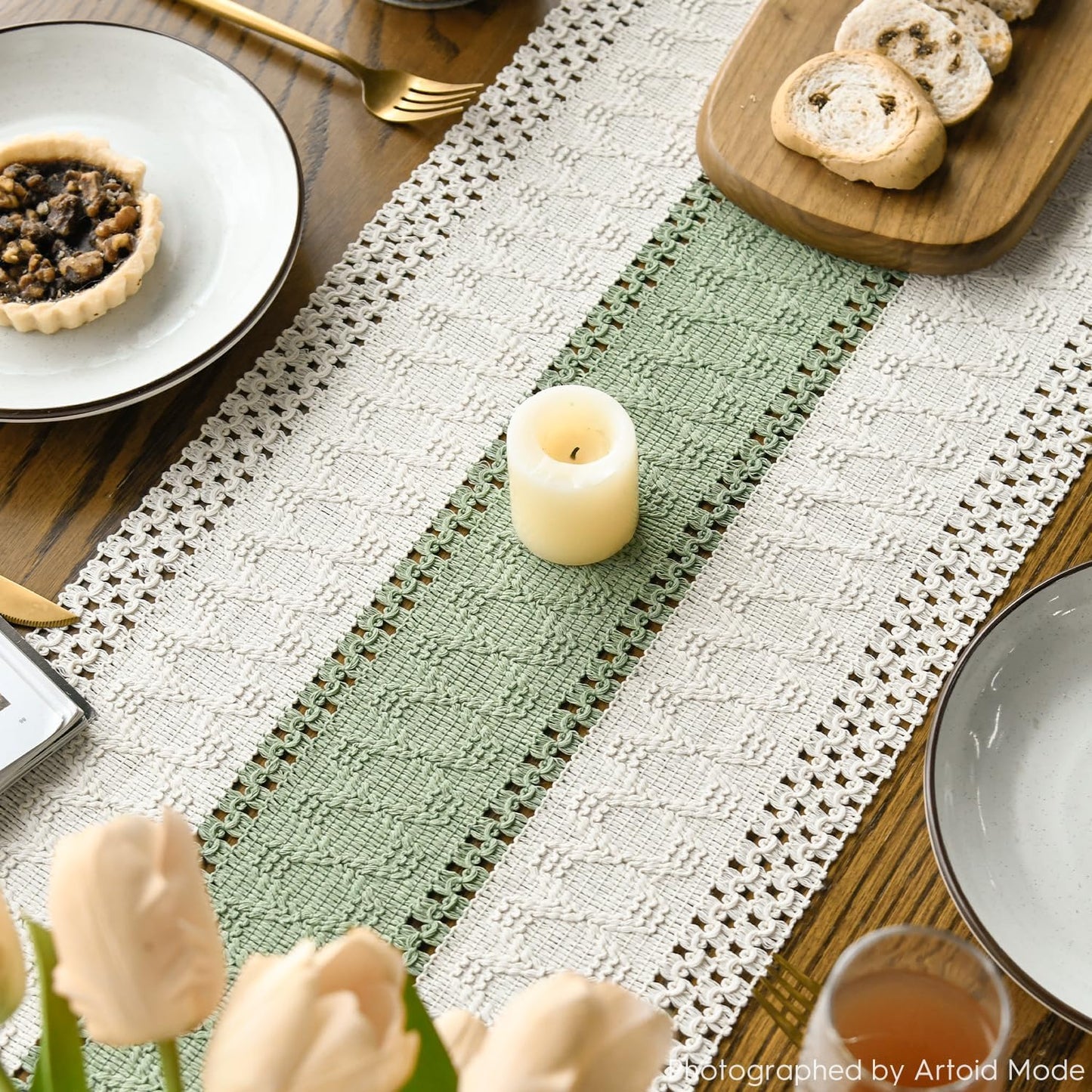 Artoid Mode Light Green Farmhouse Rustic Table Runner, Seasonal Holiday Hollow Kitchen Dining Table Decoration for Home Party Decor 12x36 Inch