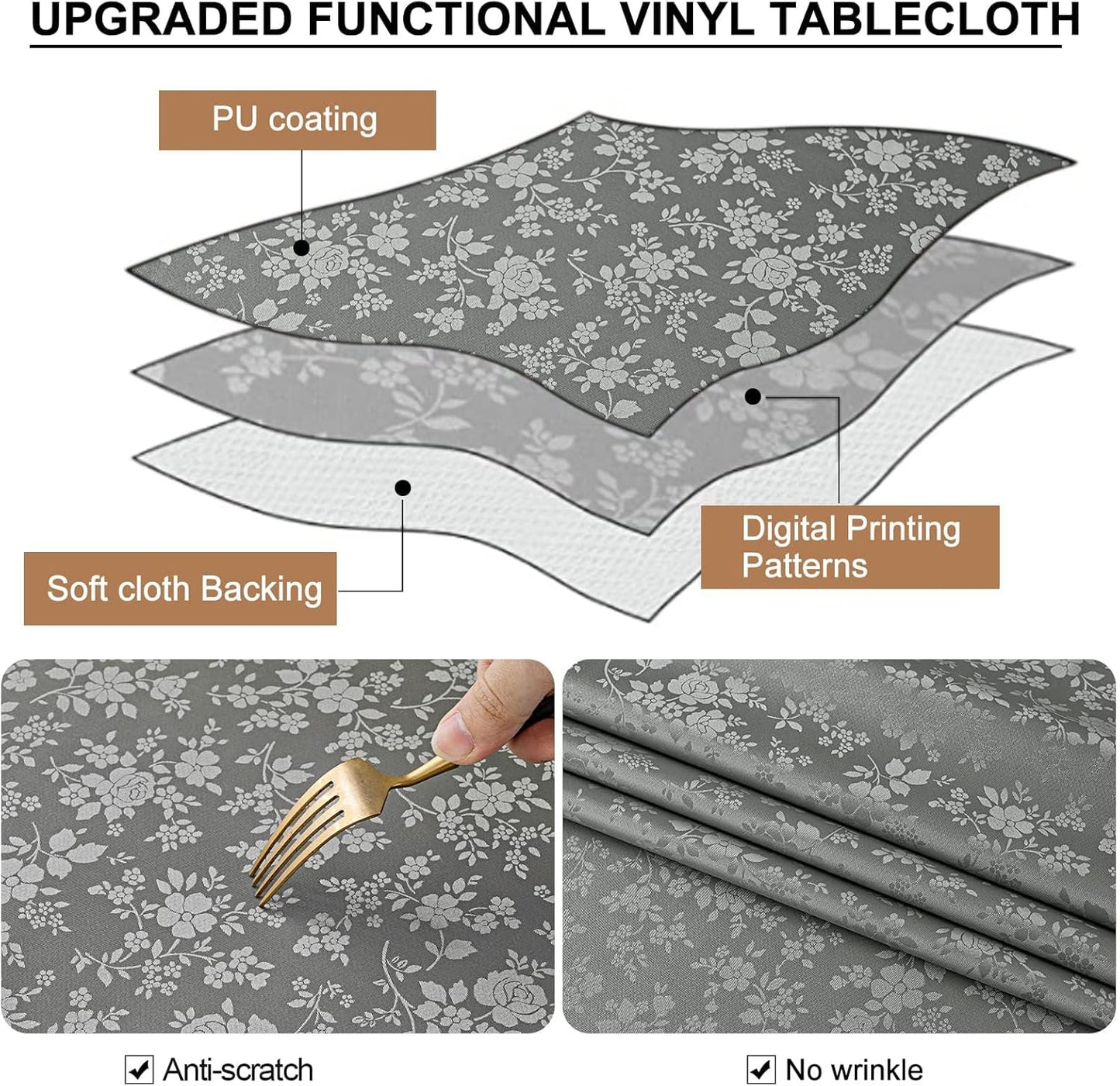 Smiry Rectangle Table Cloth, Waterproof Heavy Duty Vinyl Tablecloths, Wipeable Washable Table Cover for Kitchen and Dining Room (Grey, 54" X 120")