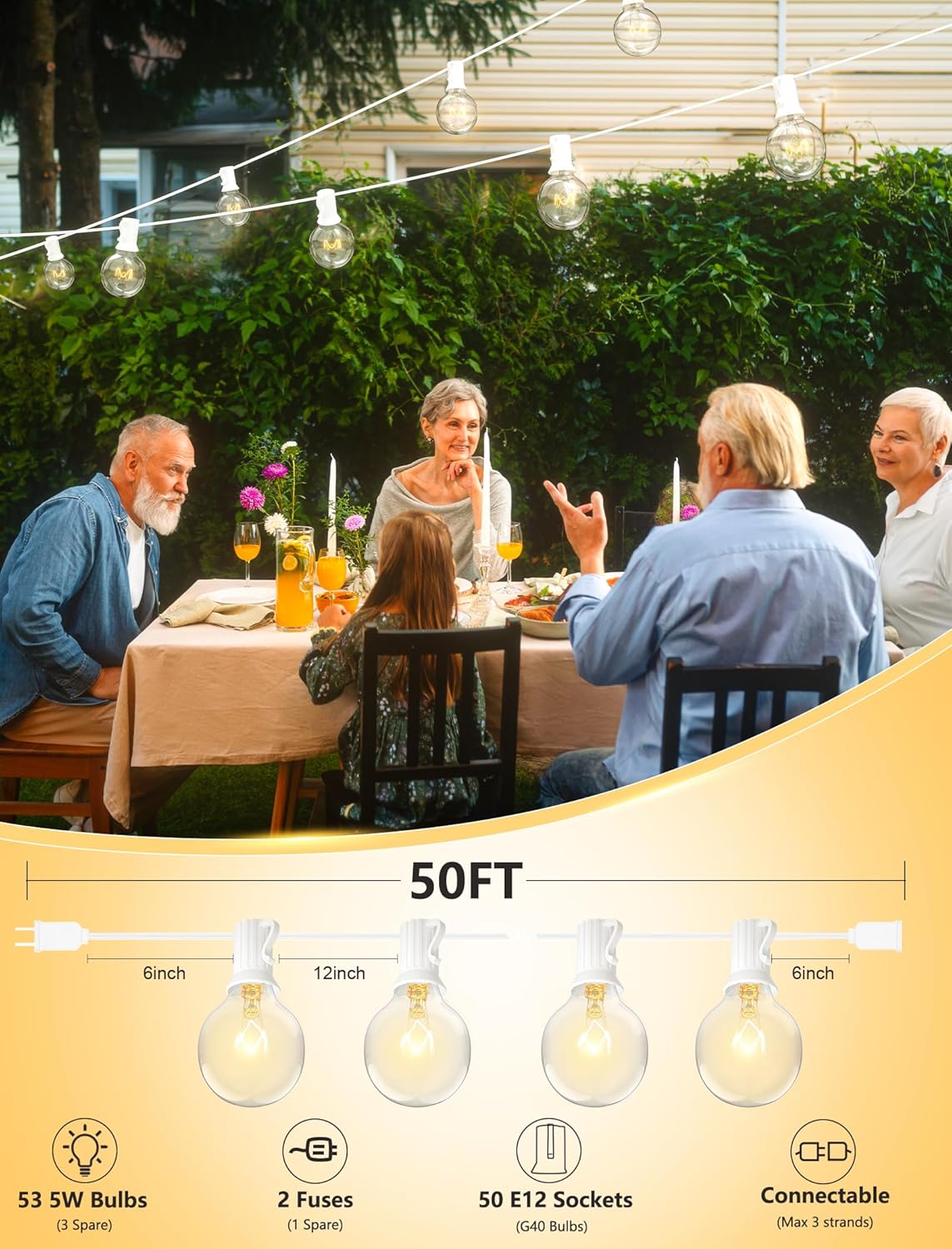 50Ft Outdoor Patio String Lights G40 Connectable Globe Lights with 53 Clear Globe Bulbs(3 Spare), UL Listed Garden Light for Indoor Outdoor Commercial Decor, 50 Hanging Sockets, 5W/E12 Base, White