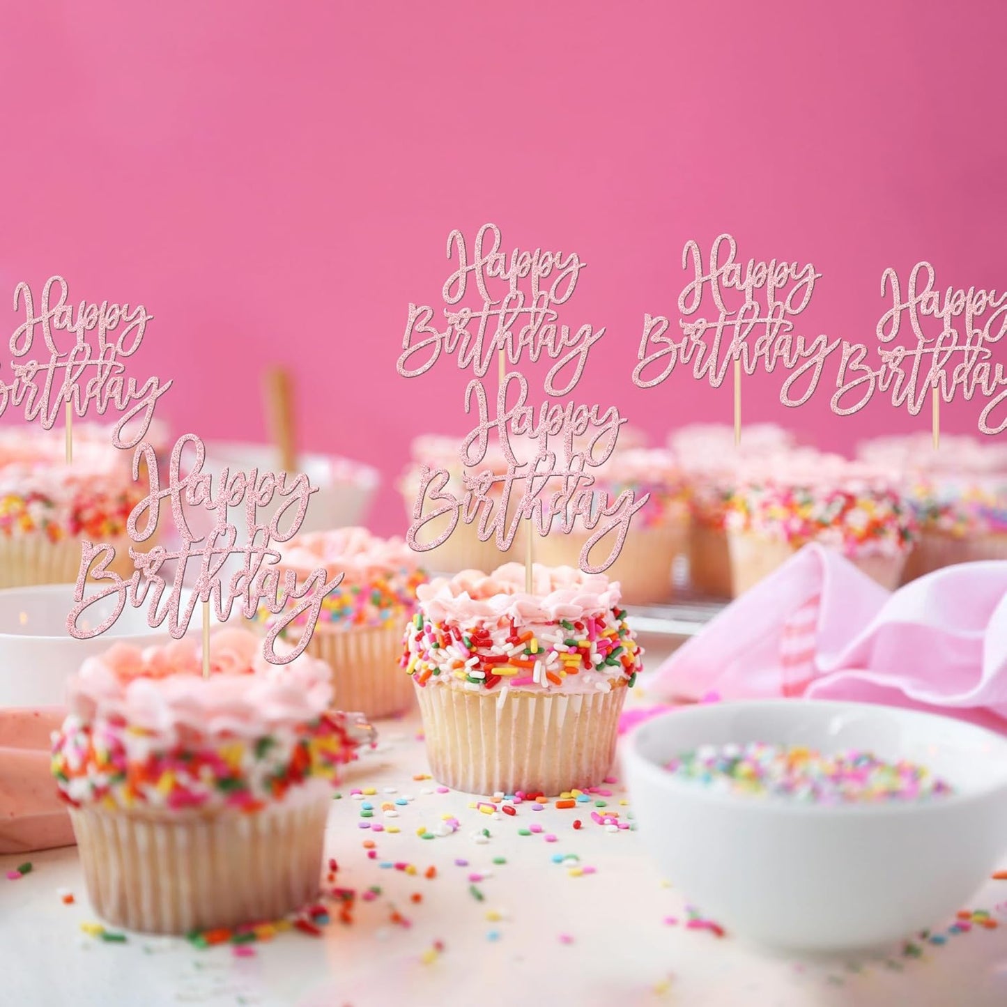 24 PCS Happy Birthday Cupcake Toppers Glitter Picks for Celebrating Anniversary Theme Party Cake Decorations Supplies Light Pink