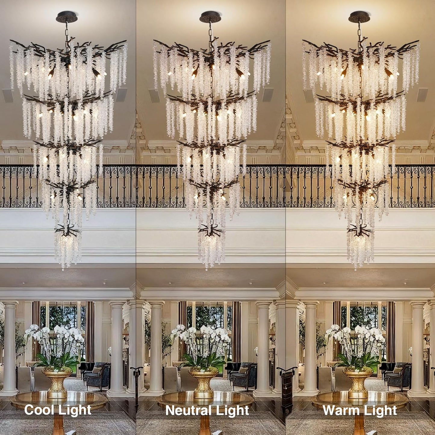 118'' Black Branch High Ceiling Chandelier, 28-Light Modern Long Tree Chandeliers, 3CCT Dimmable, Large Luxury Foyer Chandelier, Raindrop K9 Crystals Fixtures for Staircase, Entryway, Living Room