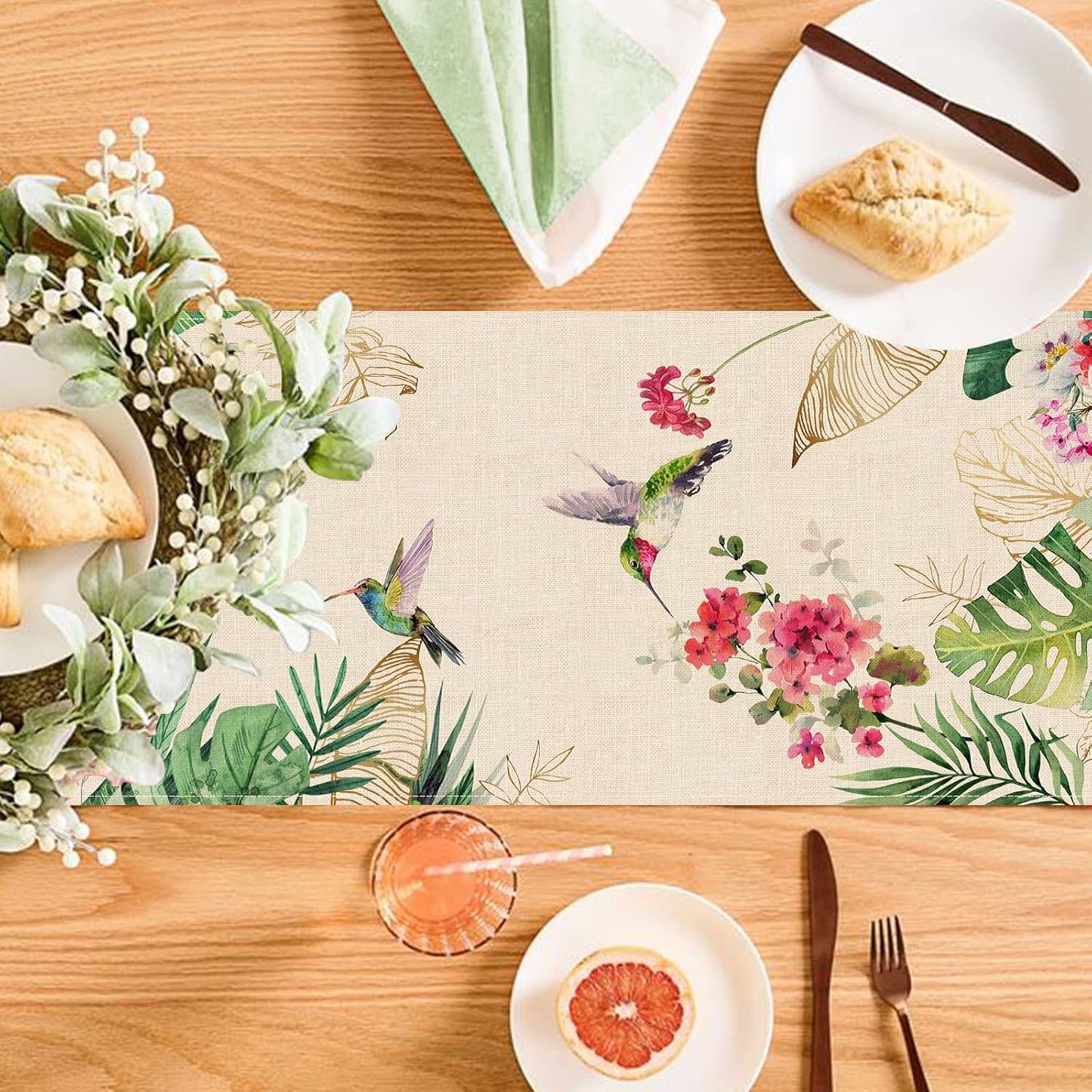 Seliem Summer Tropical Hummingbird Palm Leaf Greenery Table Runner, Spring Birds Home Kitchen Monstera Geranium Flowers Dining Decor, Seasonal Burlap Decorations Anniversary Party Supply 13 x 90 Inch