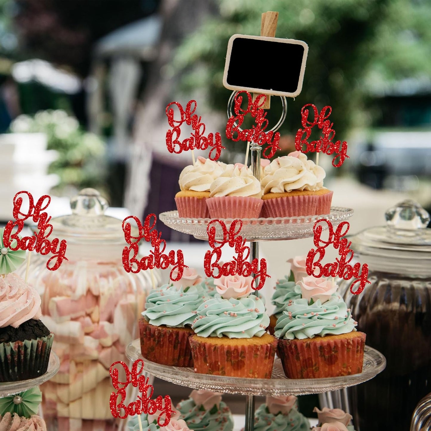 Gyufise 36Pcs Oh Baby Cupcake Toppers Glitter Baby Shower Cupcake Picks for Gender Reveal Baby Shower Kids Boys Girls Birthday Party Cake Decorations Supplies Red