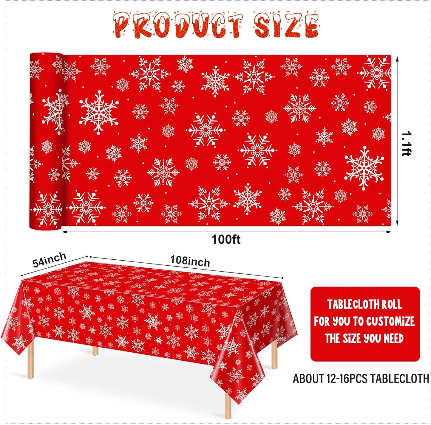 4.5x 100 Feet Roll of Christmas Plastic Tablecloth Decorations,Disposable White Snowflake Red Xmas Table Cover Photography Backdrop with Cutter Box for Winter Christmas Holiday New Year Party Supplies