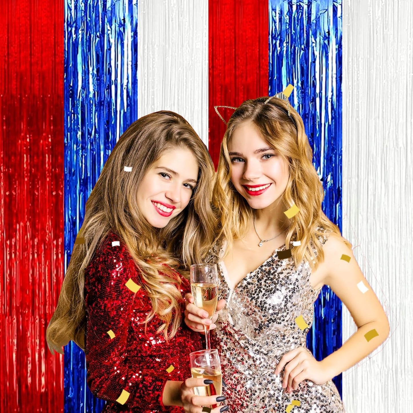 4P Metallic Foil Fringe Tinsel Table Skirts for Rectangle Tables Backdrop Banner Streamer Garland Curtains for Parade Floats Wedding Graduation Anniversary Birthday Parties Decoration(White Blue Red)