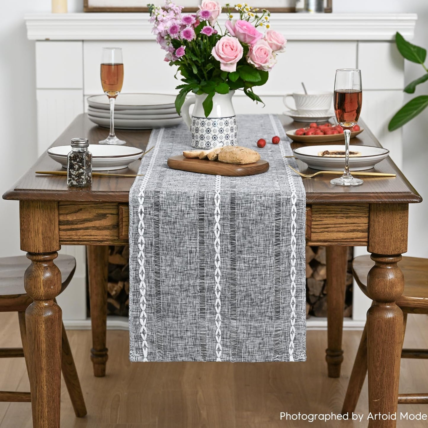Artoid Mode Dark Grey Rustic Cotton Linen Table Runner, Seasonal Embroidered Hollow Kitchen Dining Table Decoration for Home Party Decor 13x36 Inch