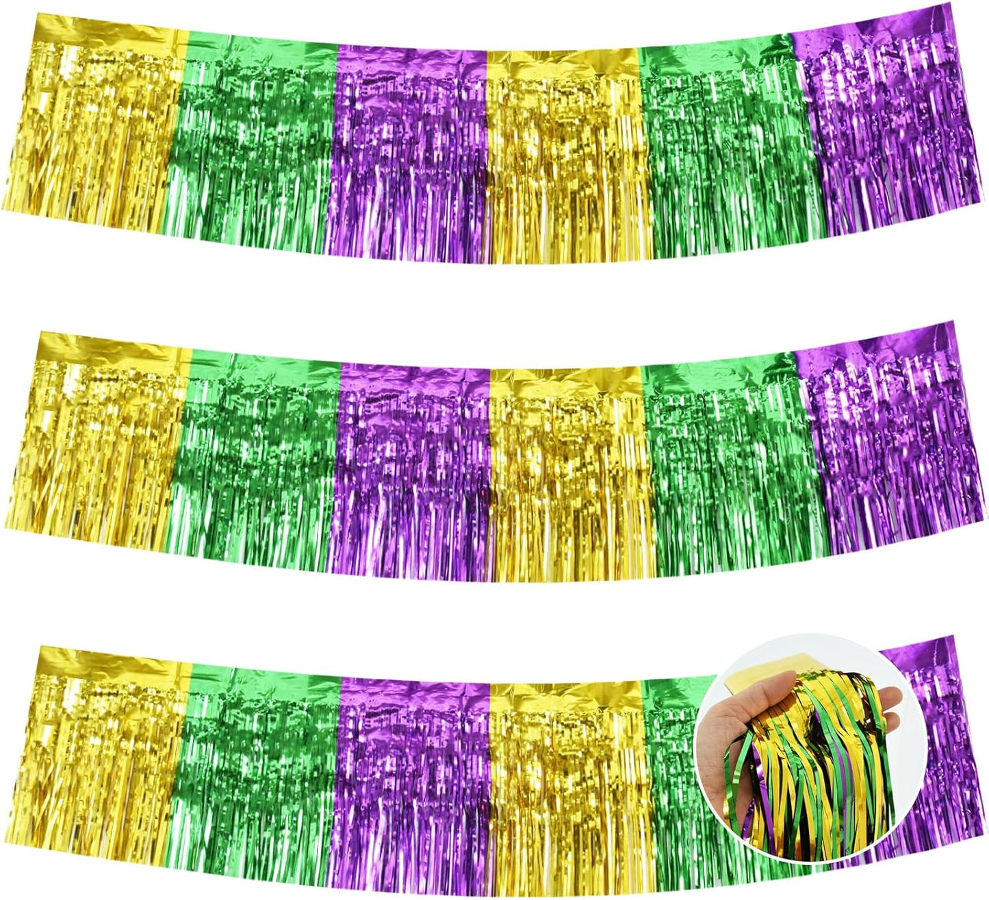BEISHIDA 3 Packs Metallic Foil Fringe Garland Green Gold Purple Wall Hanging Tinsel Fringe Banners for Car Floats Bridal Shower Wedding Birthday Easter Graduation Holiday Party Deco(30 Feet)