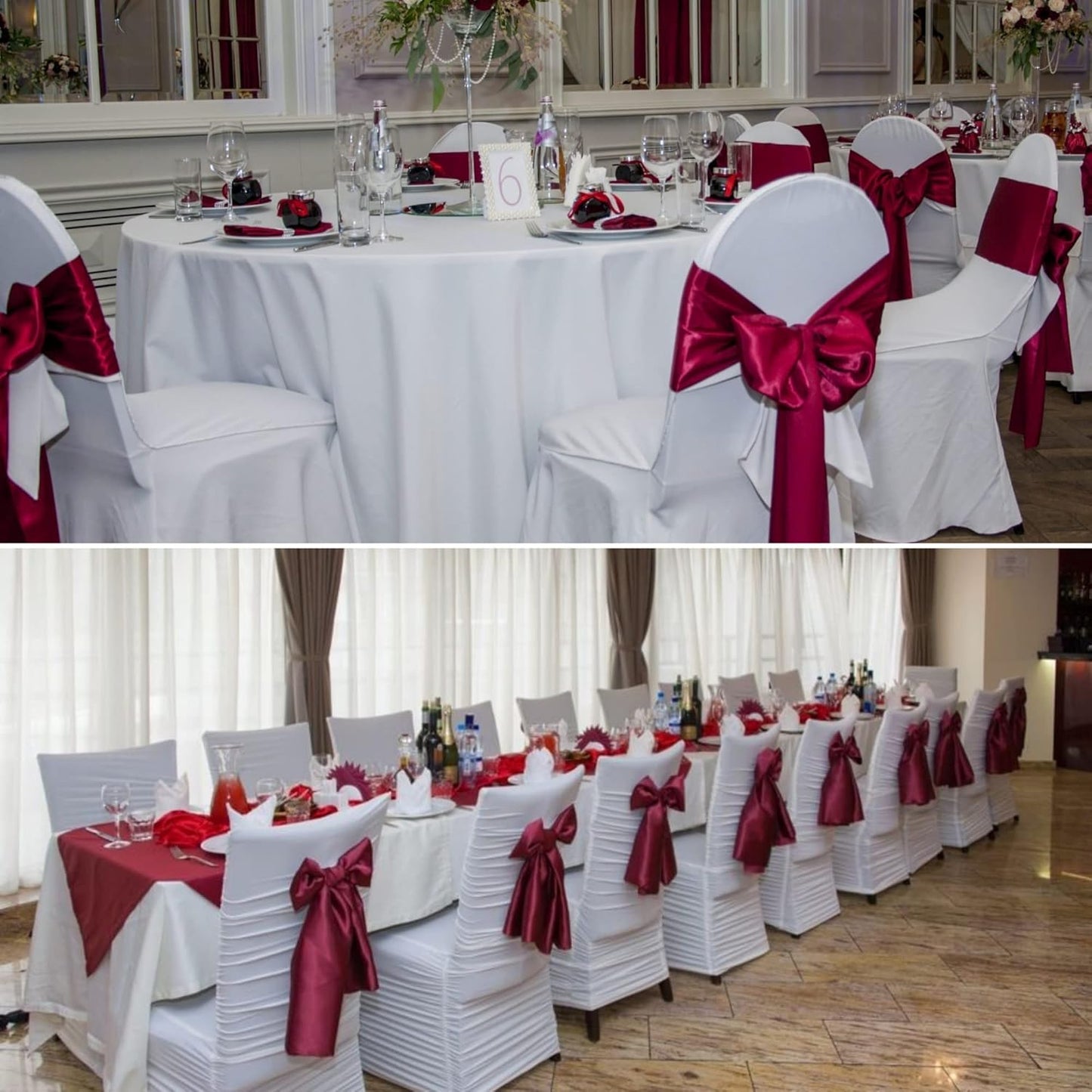 100 PCS Satin Chair Sashes Decorative Bow Satin Chair Sashes Ties Seat Ribbon Bows Chairs Cover Band for Wedding Party Event Ceremony Reception Holiday Banquet Home Kitchen Decor(7 x108 inch,Burgundy)