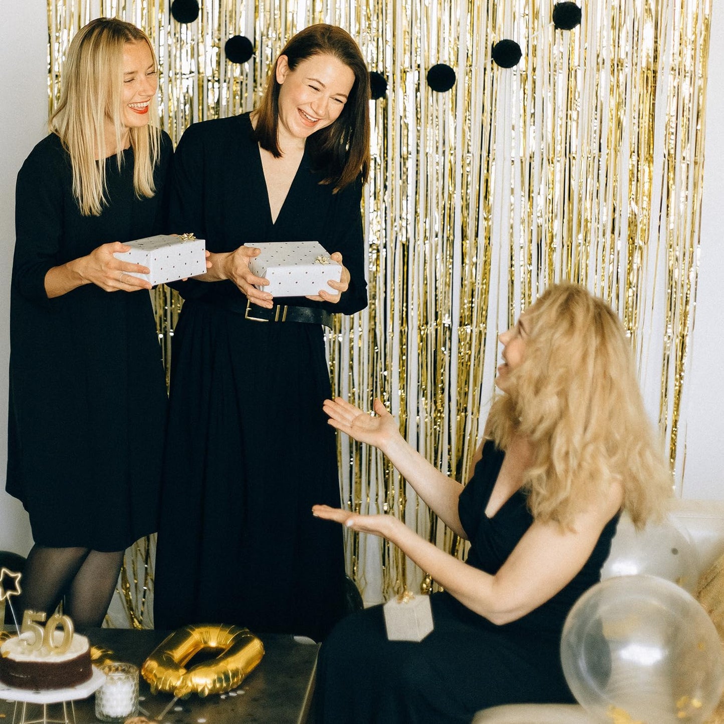 QRabbit 4 Pack Foil Fringe Curtains, Gold Metallic Tinsel Party Streamers Curtains, Backdrop Curtain for Birthday Graduation Engagement Wedding Bachelorette Baby Shower Party Decorations