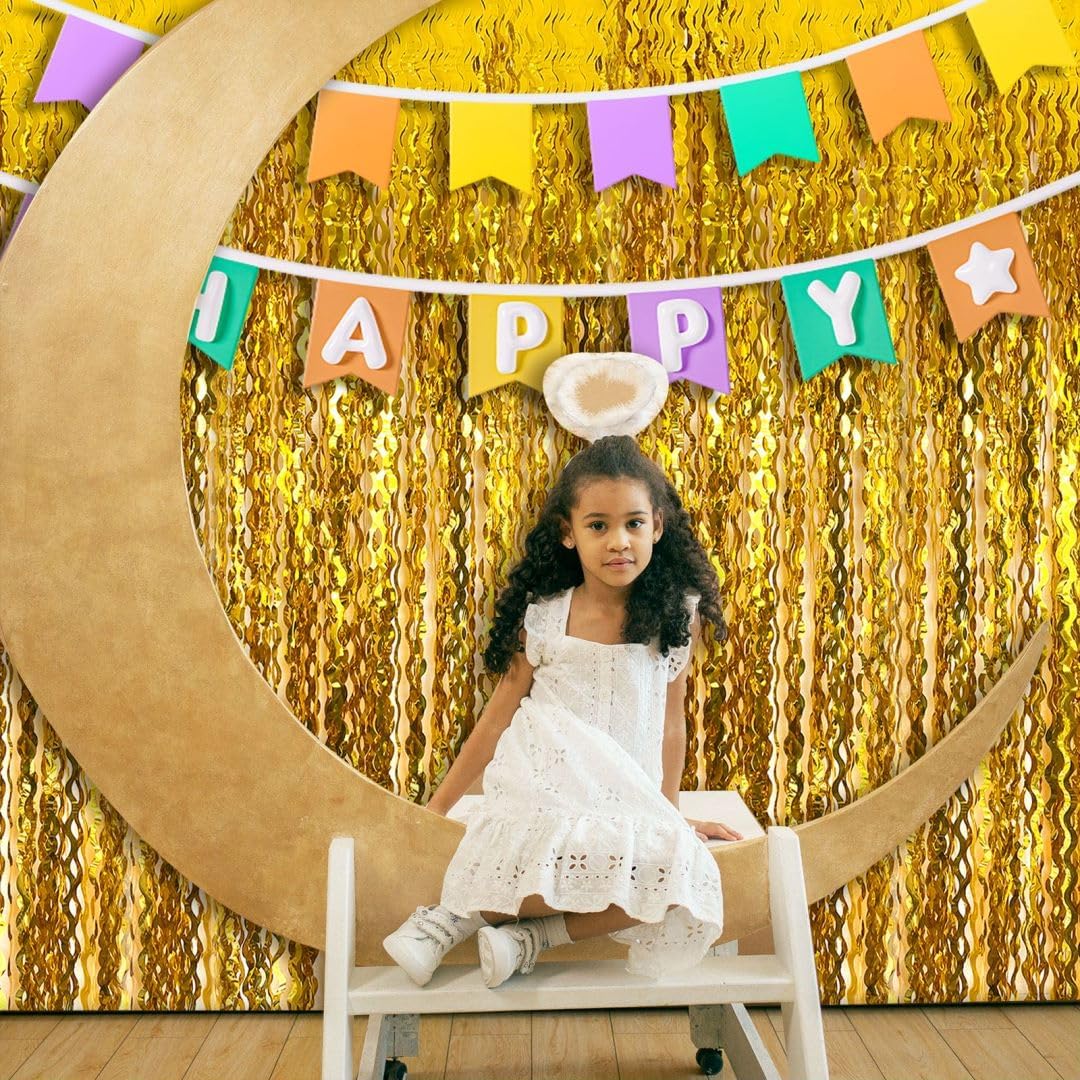 Gold Foil Fringe Backdrop Curtain Wave Golden Streamers Tinsel Photo Backdrop Gold Party Decorations for Anniversary, Birthday, Halloween, Masquerade, Graduation, New Years Eve, Bachelor Party