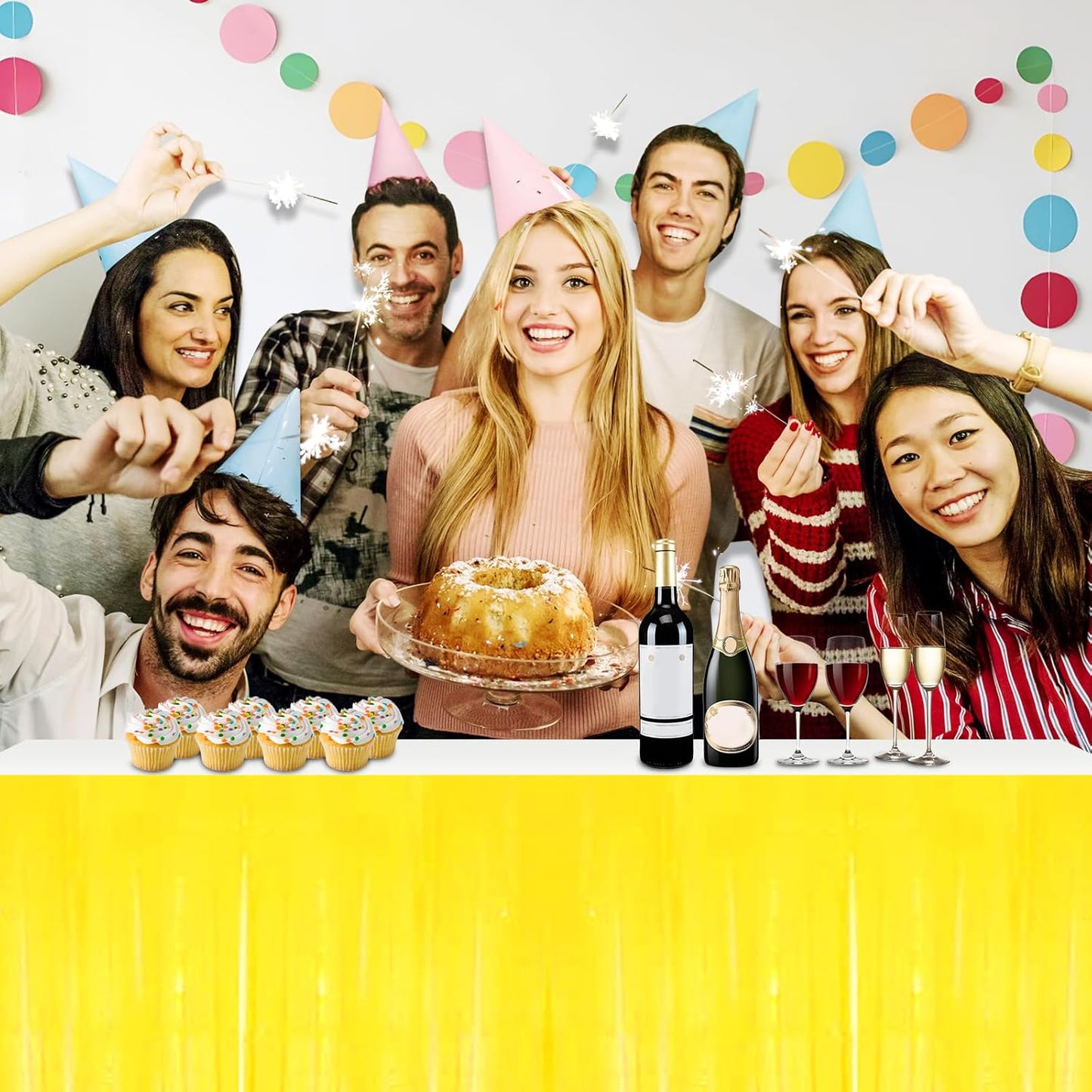 3 Pack 29x108 Inch Macaron Yellow Foil Fringe Table Skirts Metallic Banner for Tinsel Streamer Garland Backdrop for Parade Floats Wedding Thanksgiving Birthday Christmas Halloween Party Decoration