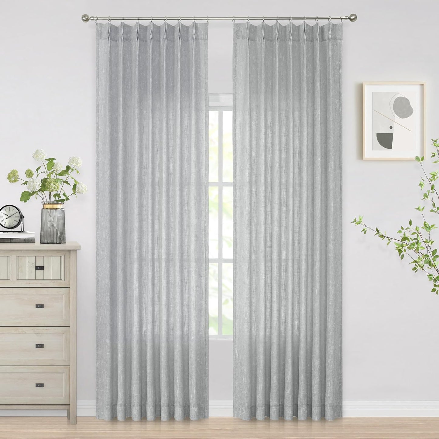 Vision Home Gray Pinch Pleated Semi Sheer Curtains Textured Light Filtering Window Curtains 84 inches for Living Room Bedroom Silver Grey Pinch Pleat Drapes with Hooks Back Tabs 2 Panels 40" Wx84 L