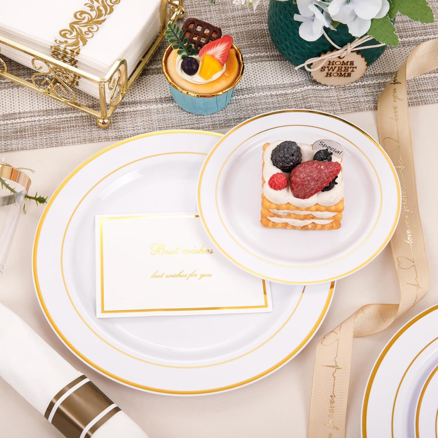 350Piece Gold Dinnerware Set for 50 Guests - Gold Plastic Plates with Disposable Cutlery Include:50Dinner Plates-50Dessert Plates-50Pre Rolled Napkins with Silverware for Thanksgiving