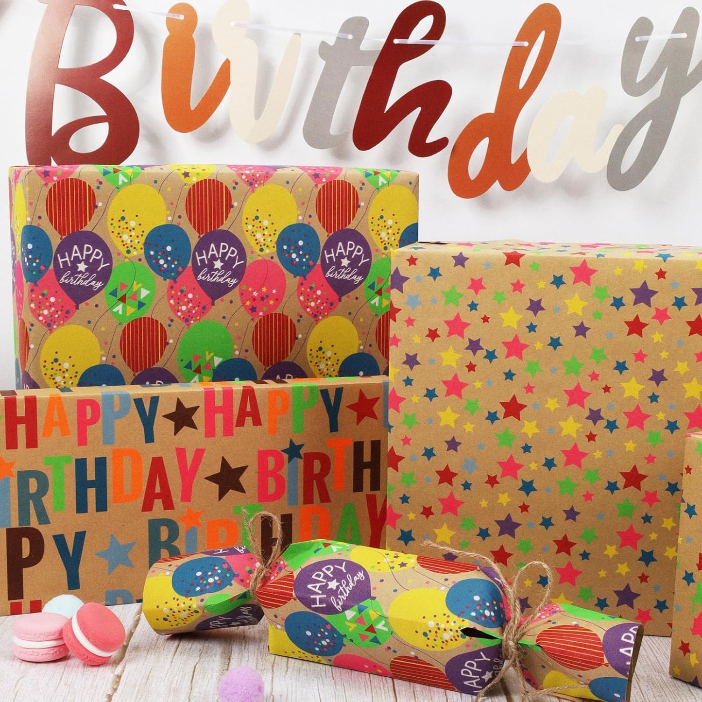 LaRibbons Birthday Wrapping Paper Roll for Kids, 30 Inch x 33 Feet (83 sq. ft. ttl.) Kraft Gift Wrap Paper with Colorful Balloon Pattern for Baby Shower Holiday Party