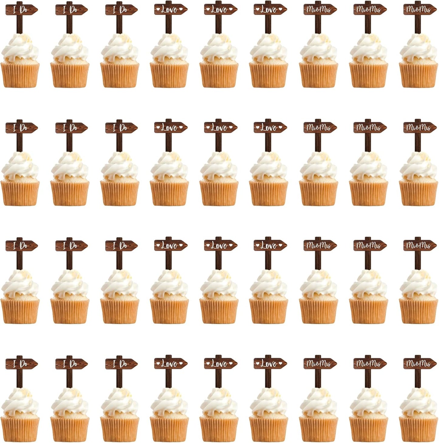 36 PCS Rustic Wedding Cupcake Toppers in Wood Wedding Engagement Cake Decorations