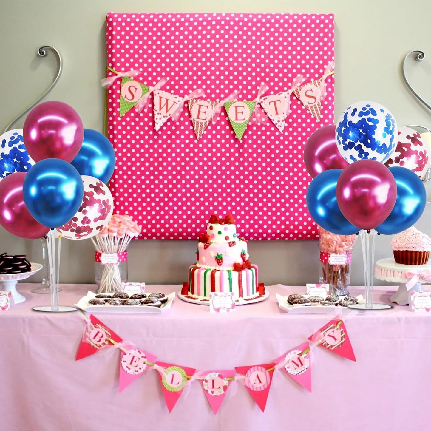 TONIFUL 4 Set Metallic Blue and Rose Red Balloon Stand Centerpiece Table Decorations for Baby Shower Wedding Engagement Bridal Shower Anniversary Mother's Day Birthday Party Decorations