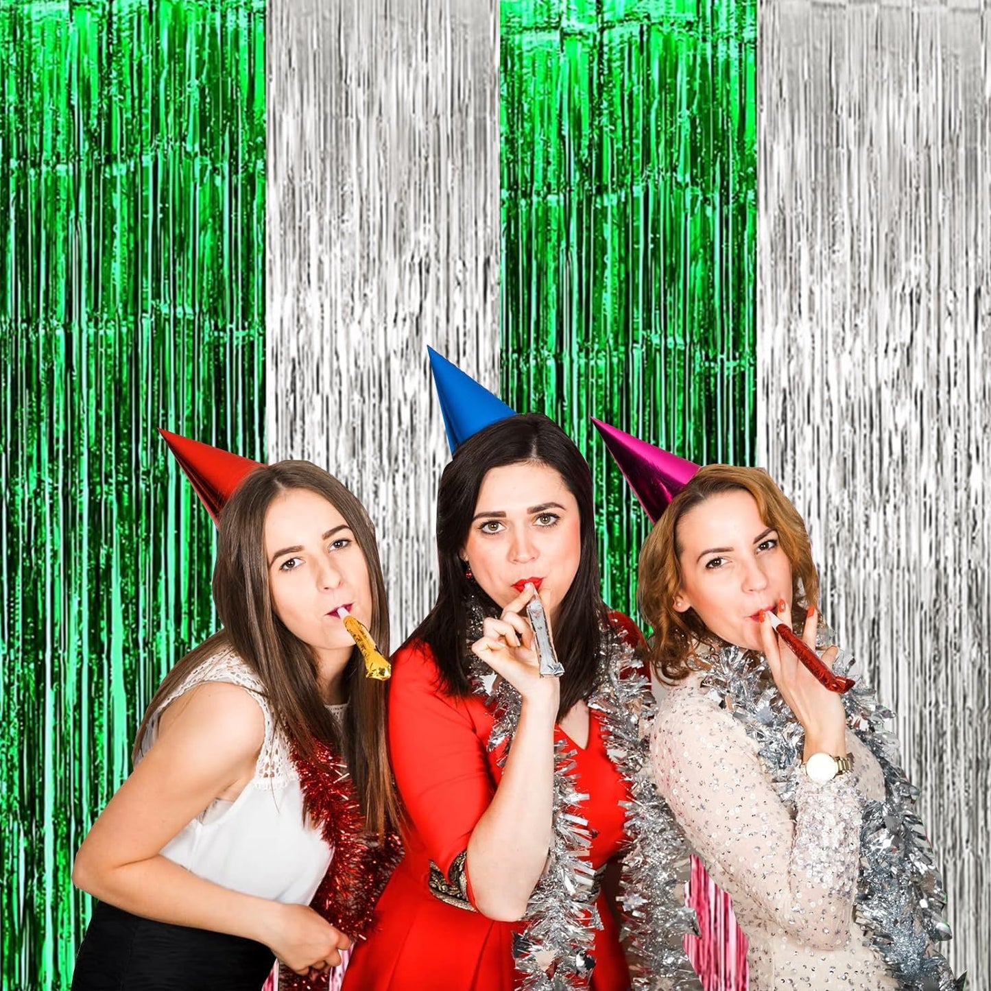 4P Metallic Foil Fringe Tinsel Table Skirts for Rectangle Tables Backdrop Banner Streamer Garland Curtains for Parade Floats Wedding Graduation Anniversary Birthday Parties Decoration (Silver Green)