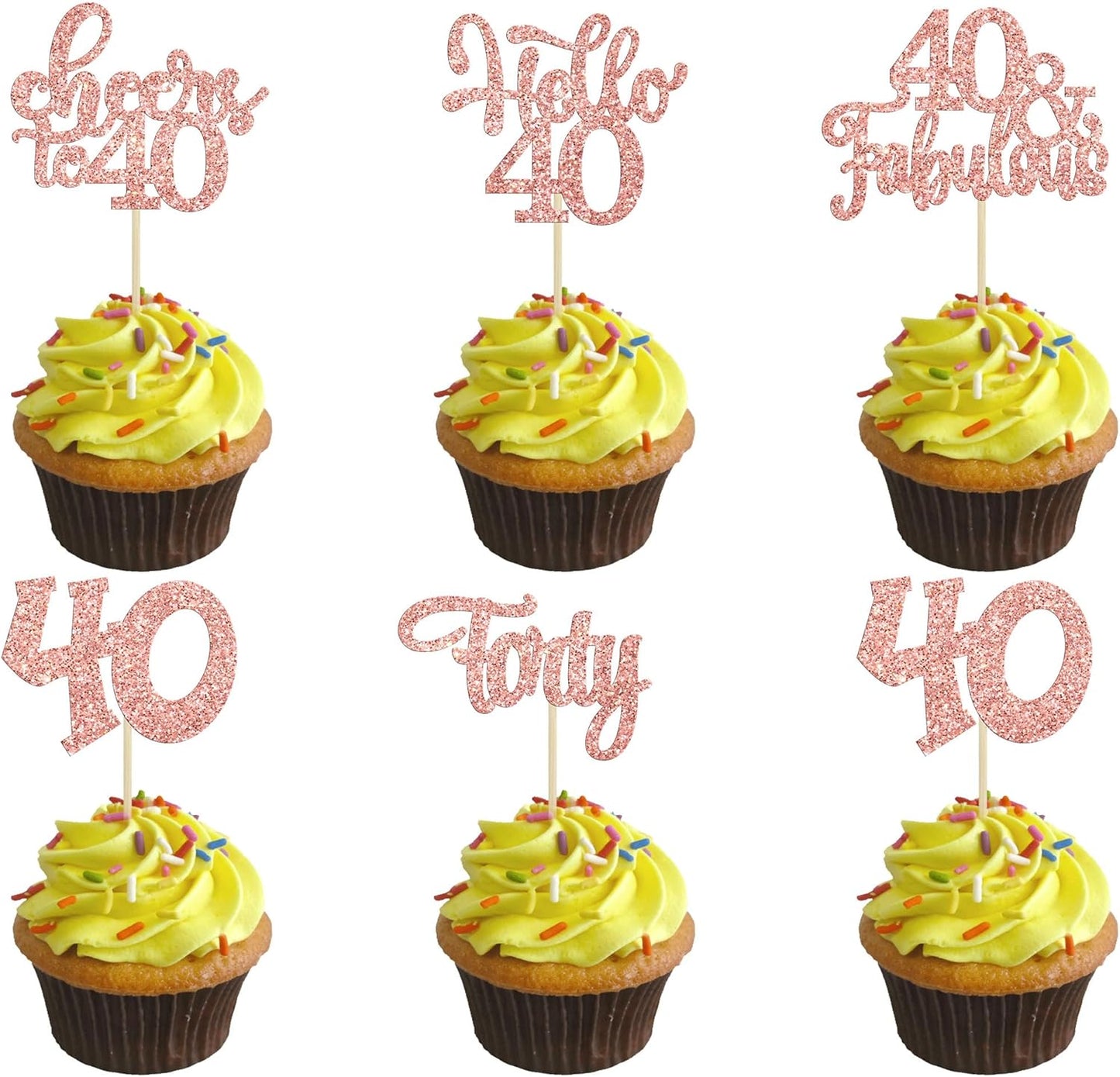 Gyufise 30Pcs Happy 40th Birthday Cupcake Toppers Rose Gold Glitter Forty Cheers to 40 Years Old Birthday Cupcake Picks for Happy 40th Birthday Anniversary Party Cake Decorations