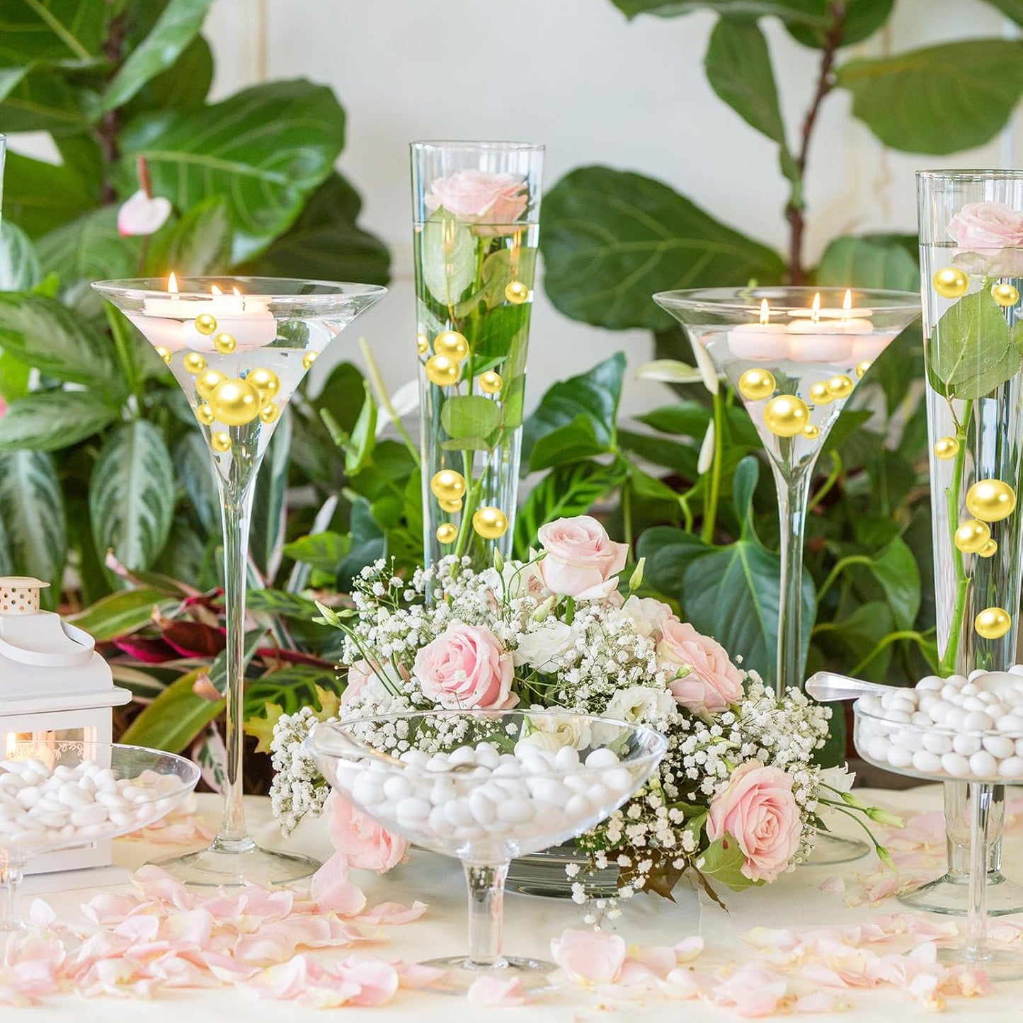 100PCS Yellow Faux Pearls Beads for Centerpiece Vases, Vase Filler Faux Pearls, No Holes Filler Beads for Party Anniversary Birthday Wedding Table Decor, 14/20/30mm