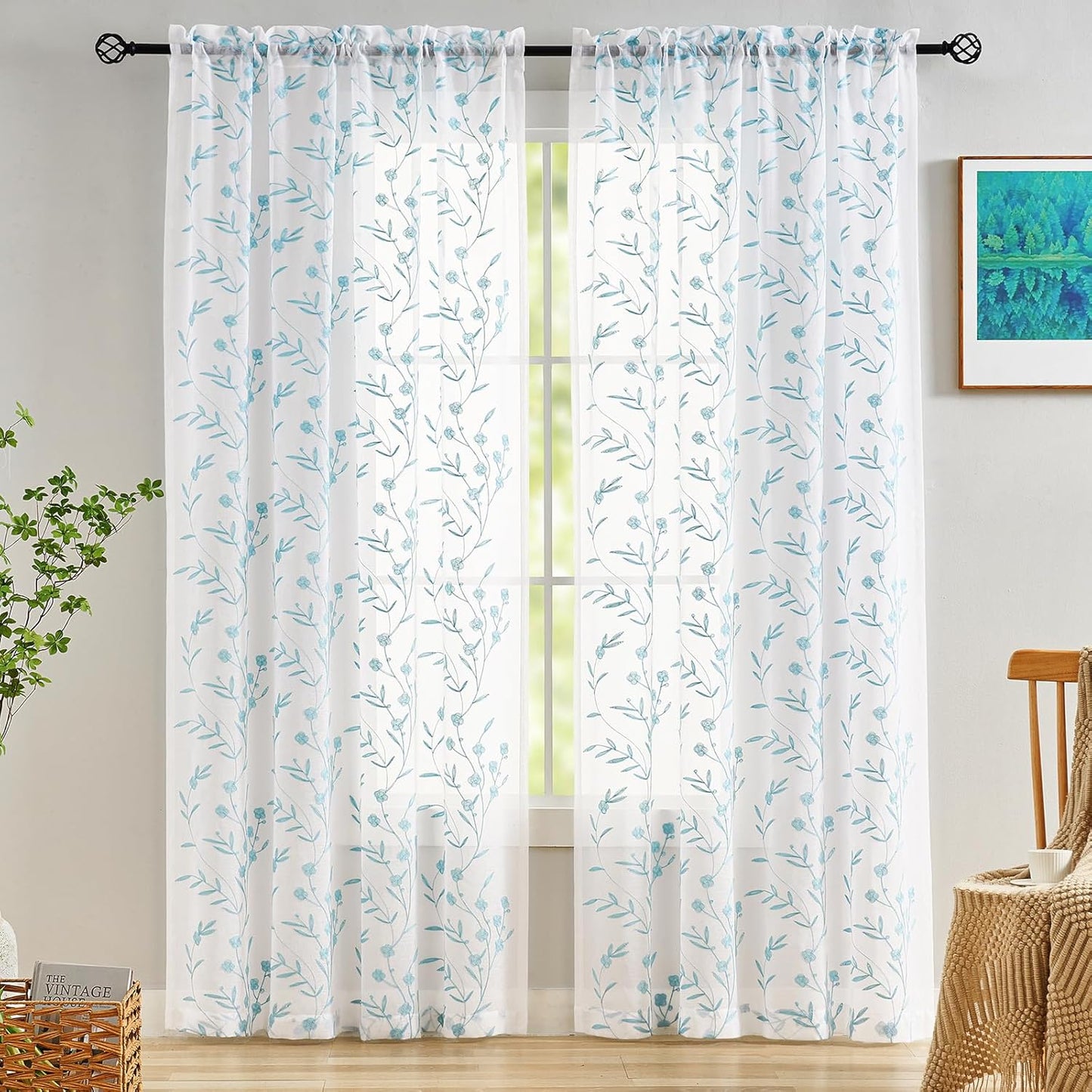 White Embroidery Sheer Curtains White-Blue 95 Inches, Floral Window Treatments Rod Pocket Drapes for Living room, Bedroom, Semi Voile Curtain Panels for Yard, Patio, Villa, Parlor, Set of 2, 52"x 95".