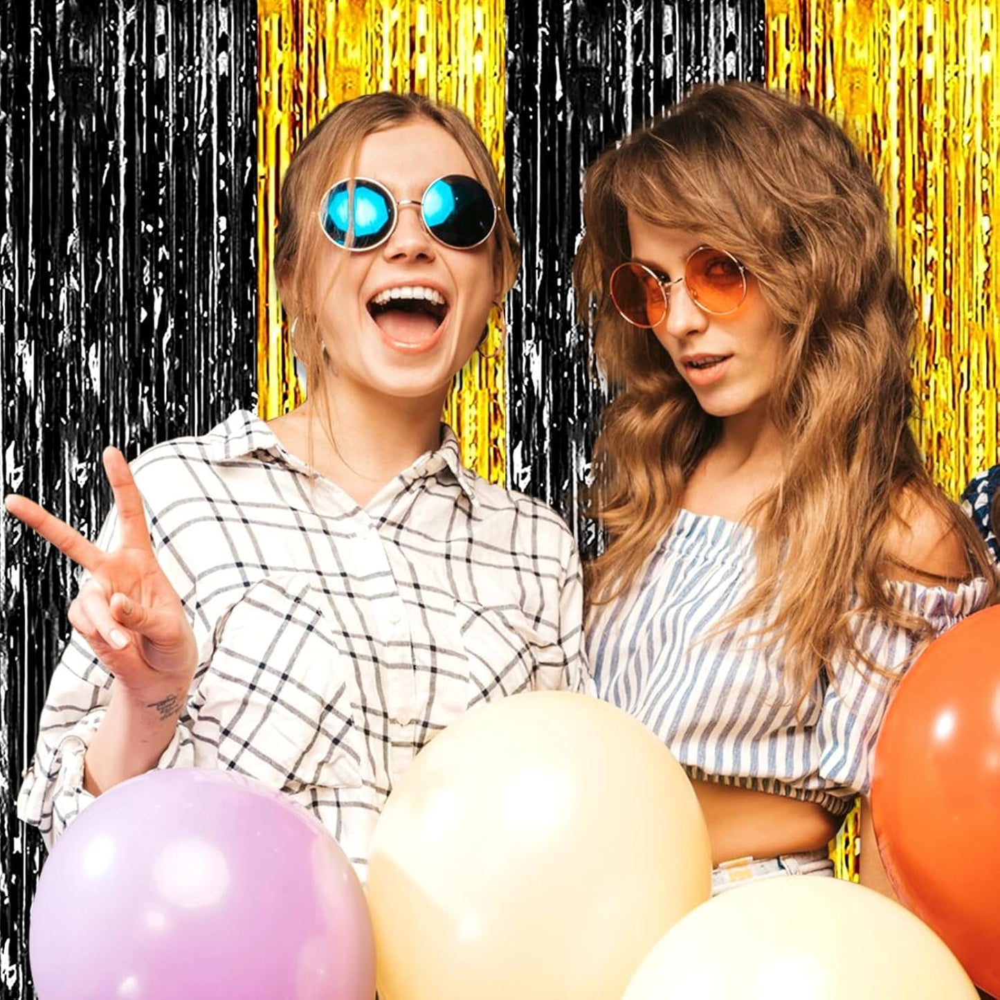 3 Pack Black Gold Foil Fringe Curtain Backdrop, 3.28Ft x 8.2Ft Metallic Tinsel Foil Fringe Streamer Curtains for Photo Booth, Christmas Day, Thanksgiving, Wedding, New Year Party Decorations