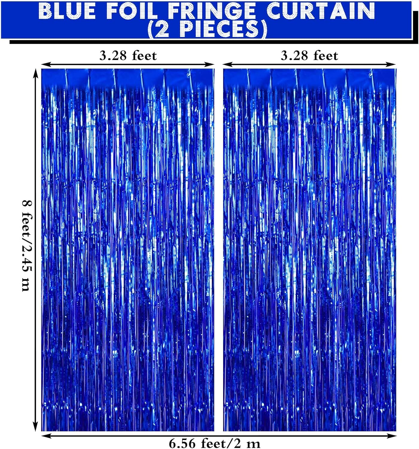 2 Pack Blue Fringe Curtains Foil Shiny Fringe Backdrop Tinsel Door Streamers Foil Curtains for Birthday Wedding Engagement Bridal Shower Celebration Party Decorations Large