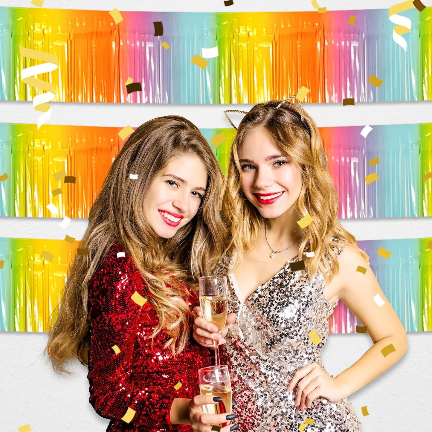 4 Pack 10 Feet Rainbow Foil Fringe Garland Metallic Tinsel Streamers Banner Wall Hanging Curtain Backdrop for Parade Floats, Wedding, Graduate, Mother's Day, Birthday Party Decoration