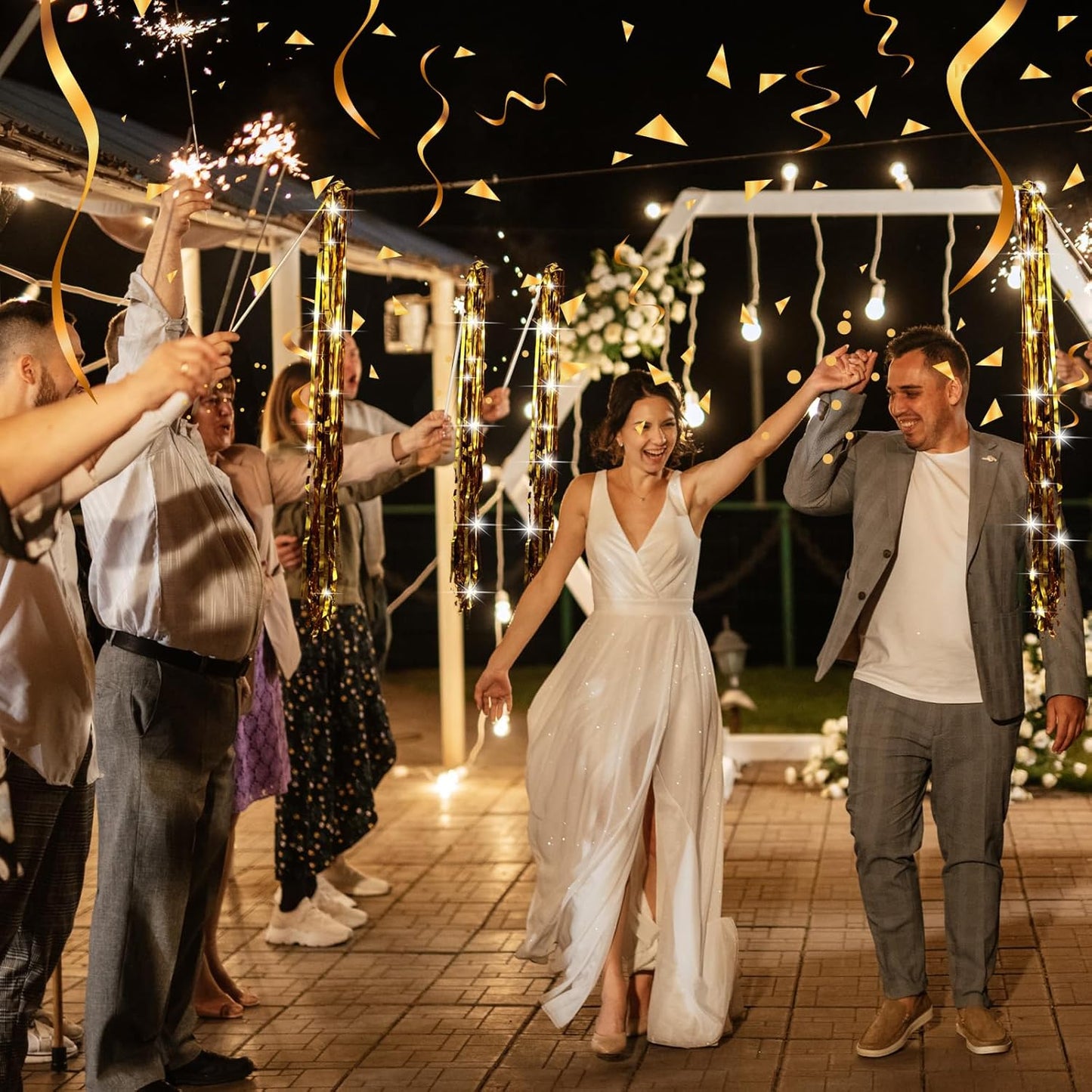 50 Pcs Wedding Fairy Wands with Bells Foil Tinsel Ribbon Stick Wands Tinsel Party Streamers with Bell Glittery Bridal Wedding Send Off Ideas Holiday Celebration (Gold)