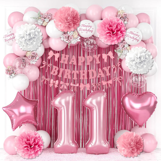 11th Birthday Decorations for Girls Pink Number 11 Balloon Bow Coquette Happy Birthday Banner Fringe Curtain Paper Pom Poms Star Heart Foil Pink White Balloons 11 Year Old Party Decor