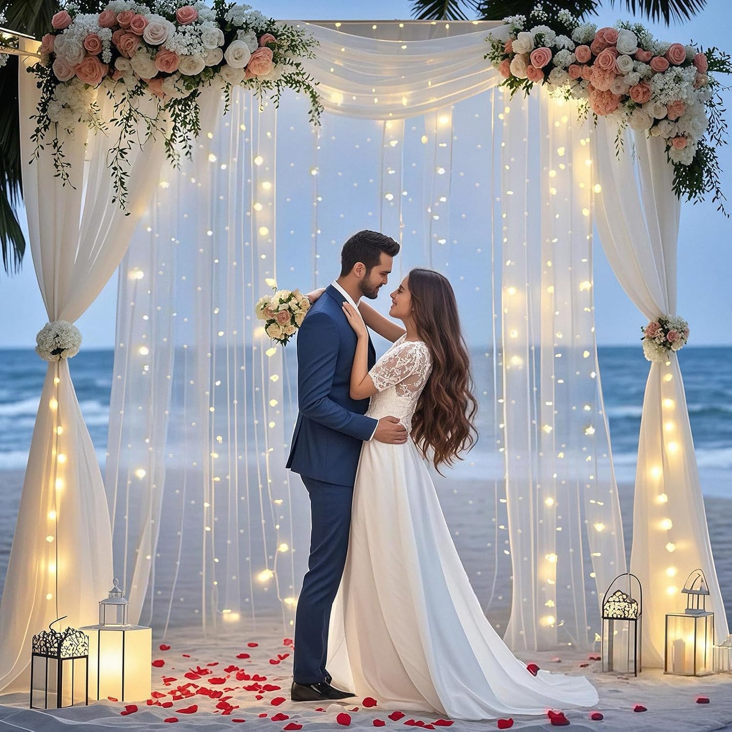 10 x 10 FT Pearl White Tulle Backdrop Curtain with Lights Strings,Wedding Background Curtain Baby Shower Birthday Parties Photo Decorations(2 Panels 5×10ft)