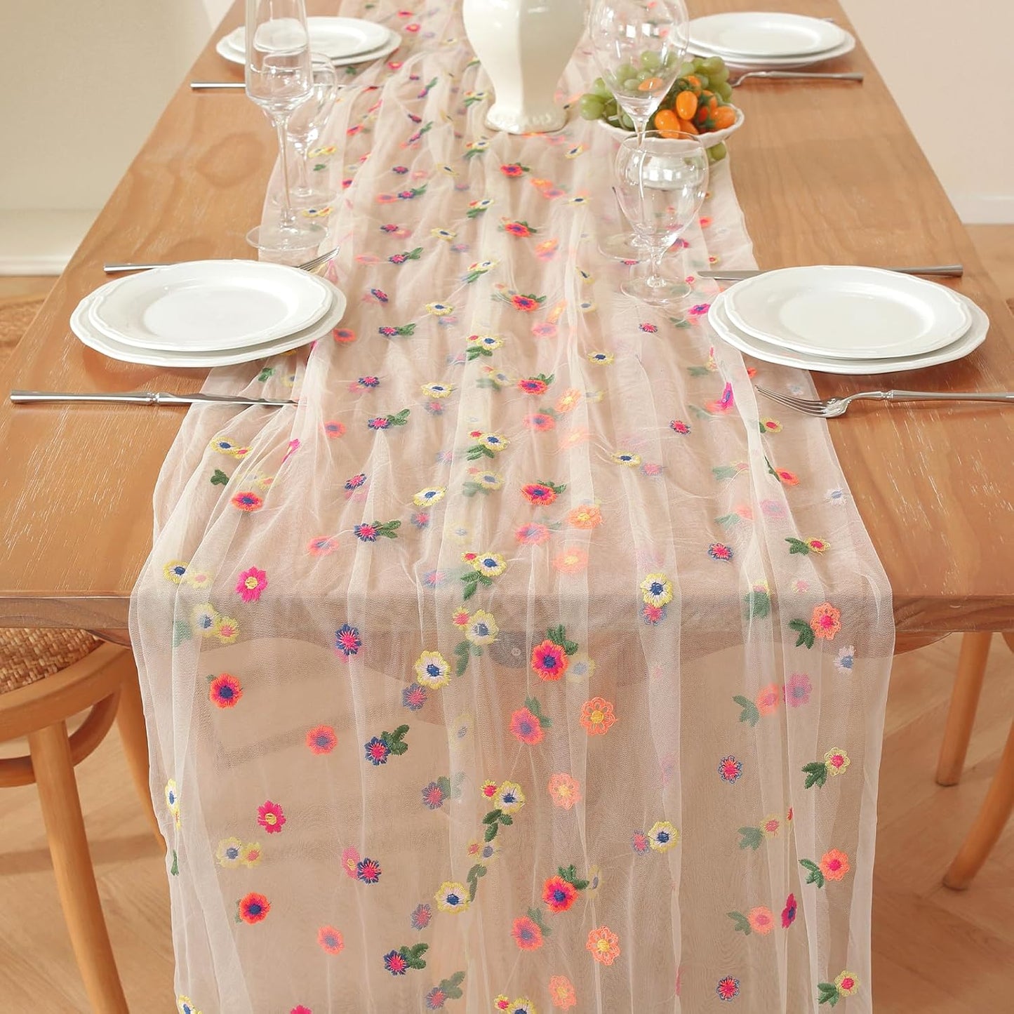 Champagne Embroidery Daisy Fall Table Runner 120Inch 10FT Florals Soft Sheer Tulle Fabric Table Runner for Home Decor, Brithday, Wedding, Baby Shower ,Holiday ,Parties, DIY Craft,3PC