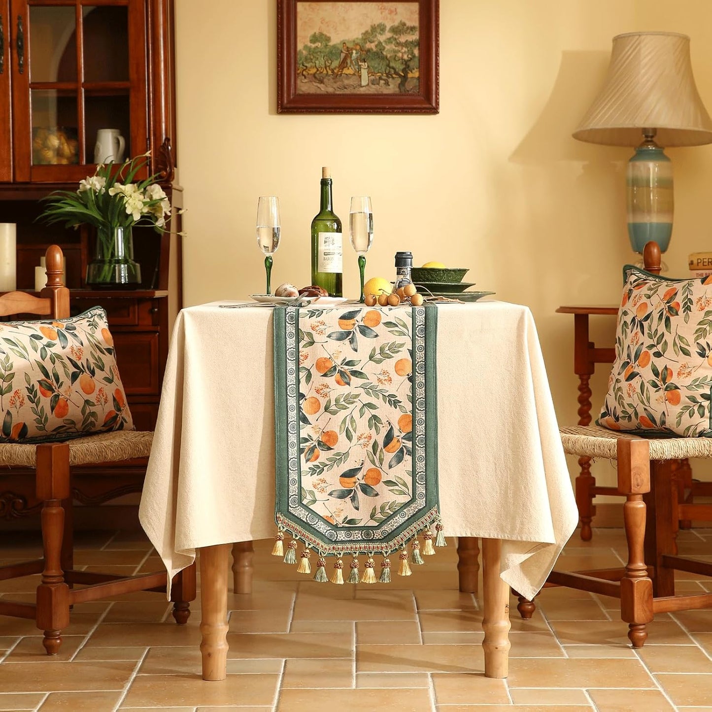 patdrea Designer Vintage Fresh Farmhouse Linen Table Runner 87 Inch Long, Green and Orange Pattern Table Mat, Decor for Kitchen Dining Table Coffee Table Shelf Cabinet Banquet Christmas ,12"*87"