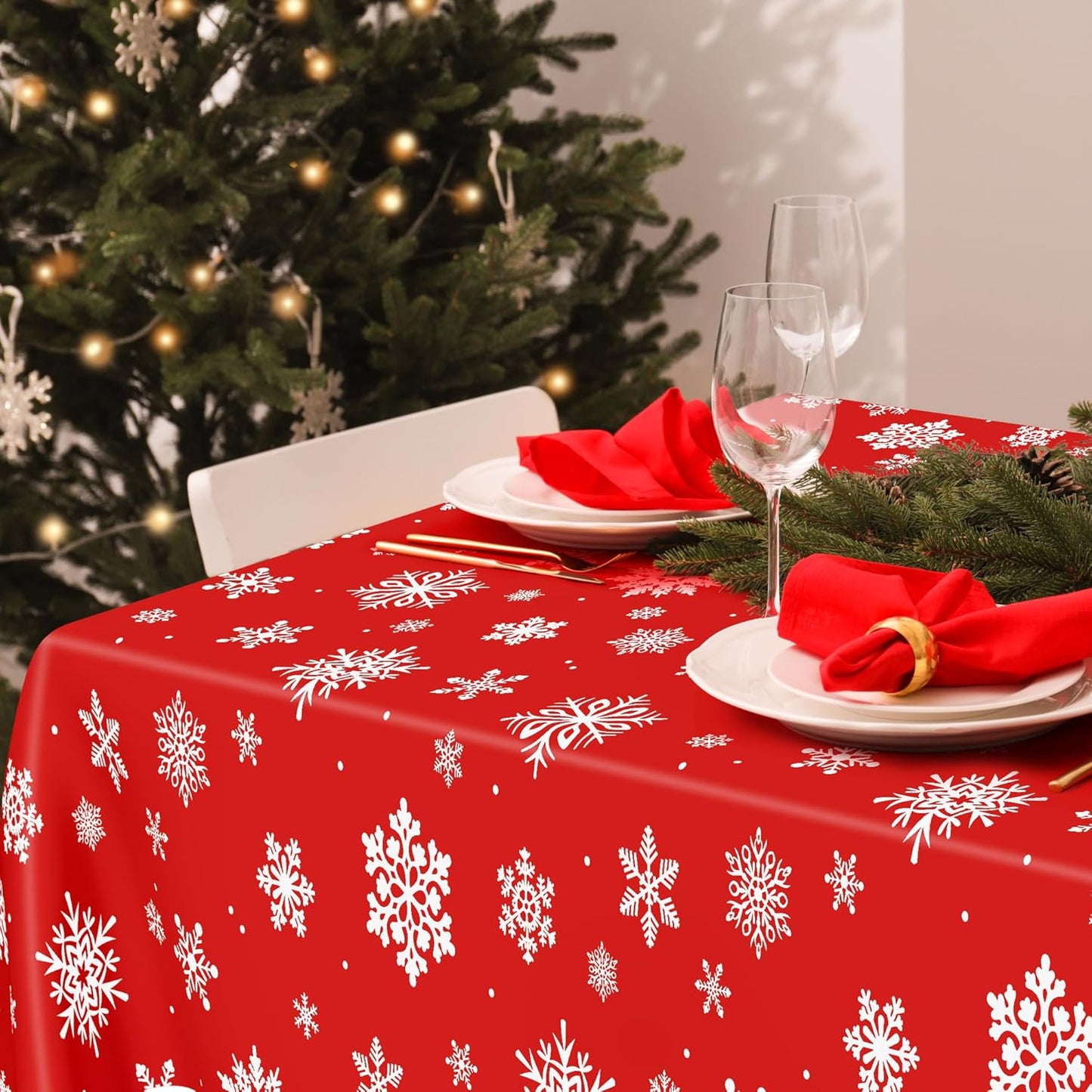 4 PACK Christmas Tablecloths, 54" x 108" Holiday Party Decor, Snowflakes Tablecloth Xmas Plastic Tablecloth Disposable Table Cloth Rectangle Tablecover, Christmas Decorations Holiday Party Supplies