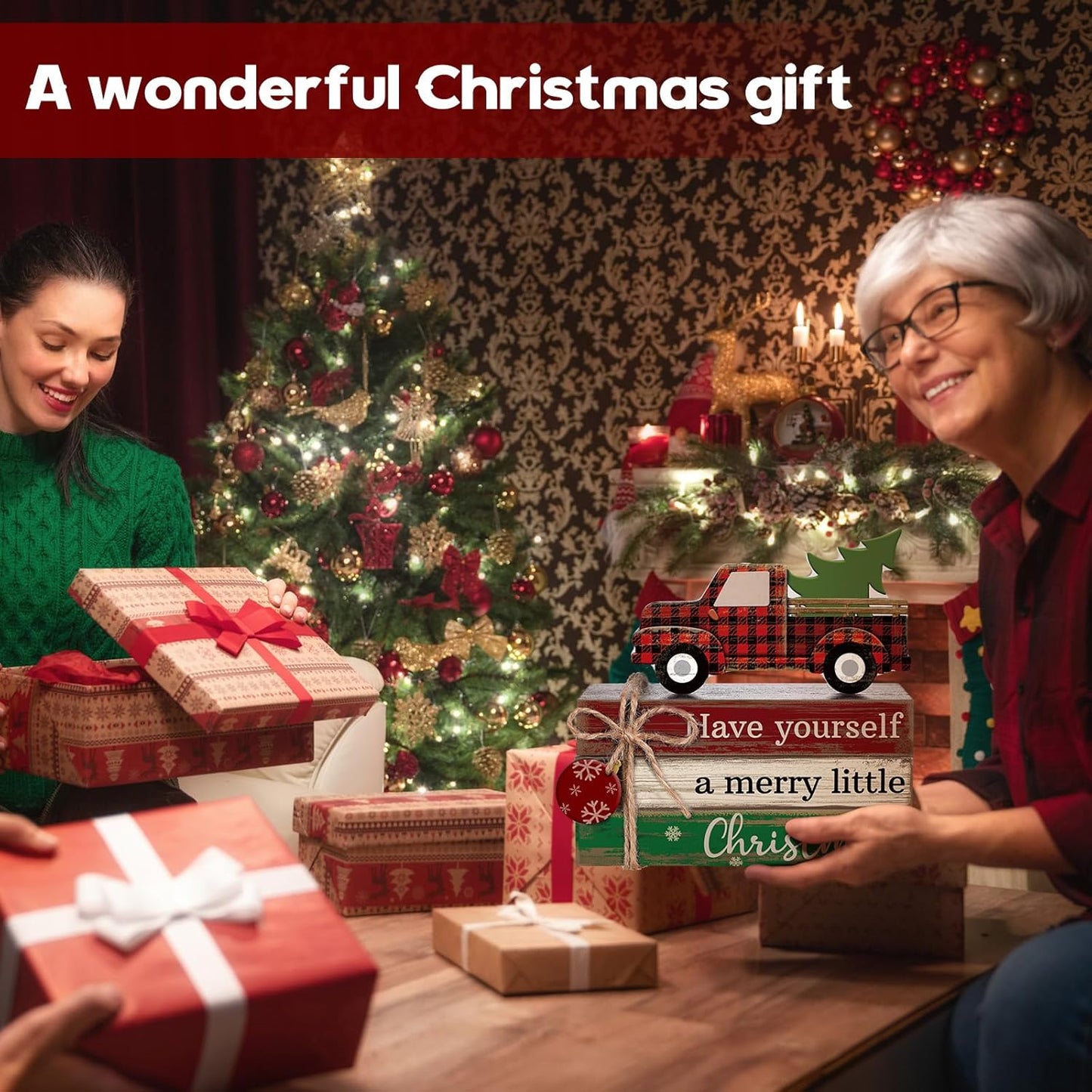 4 Pcs Christmas Table Decor Winter Table Decorations Christmas Tiered Tray Decor Decorative Truck Book Decorations Indoor Rustic Wooden Snowflake Block Sign Gift Farmhouse for Home Shelf