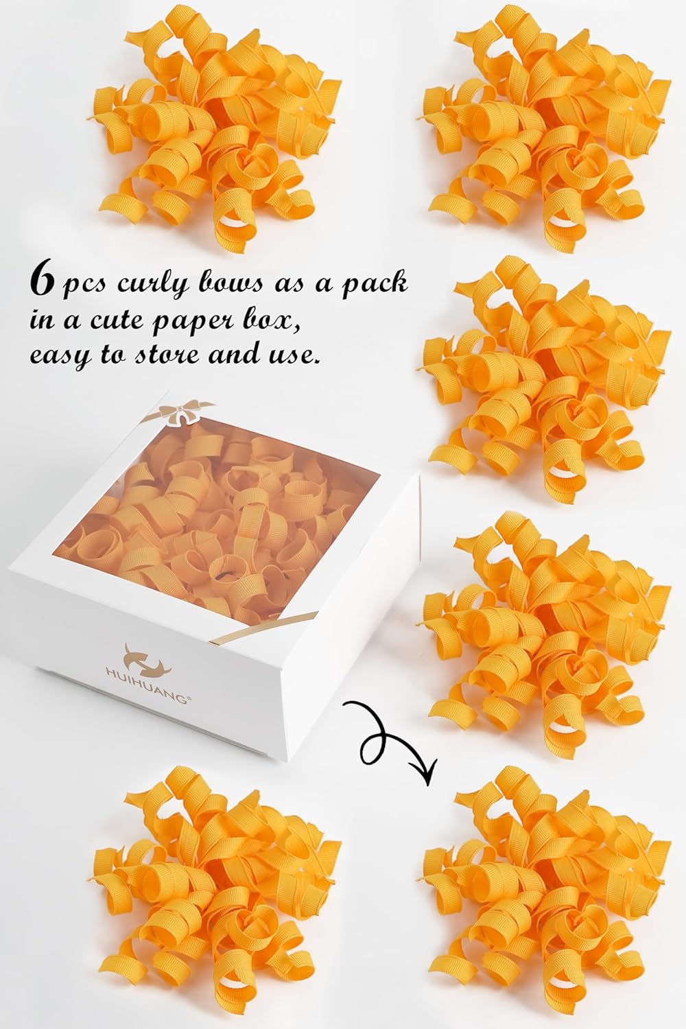 HUIHUANG Yellow Curly Ribbon Bows for Gift Wrapping, Yellow Gift Bows Self Adhesive Burst Gift Bows for Present Box, Wine Bottle, Treat Bags, Wrap Accessories, Party Favor - 6 Counts