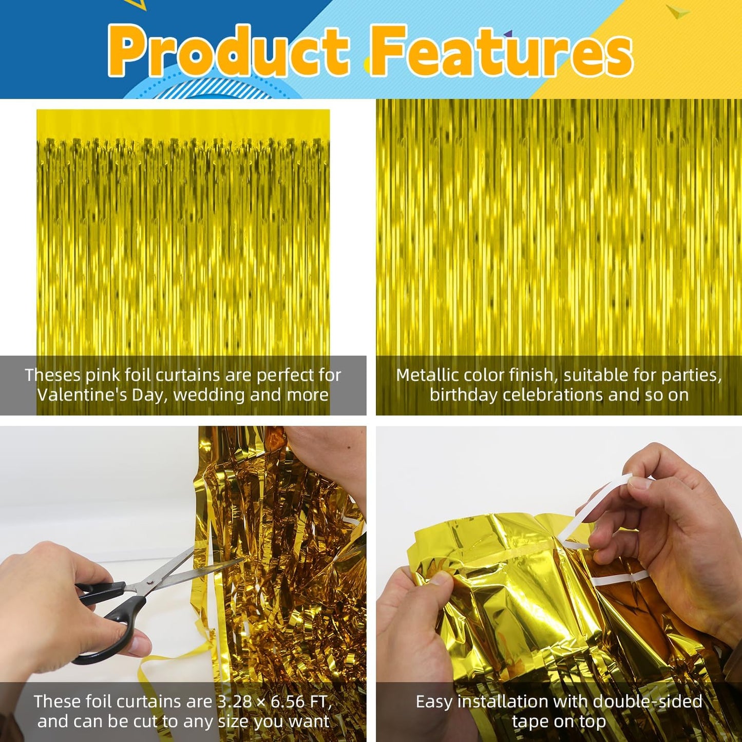 5 Pack Gold Fringe Curtain Backdrop Birthday Bachelorette Party Decorations Metallic Tinsel Streamers Foil Backdrop Christmas Graduation Wedding New Year Party Decorations