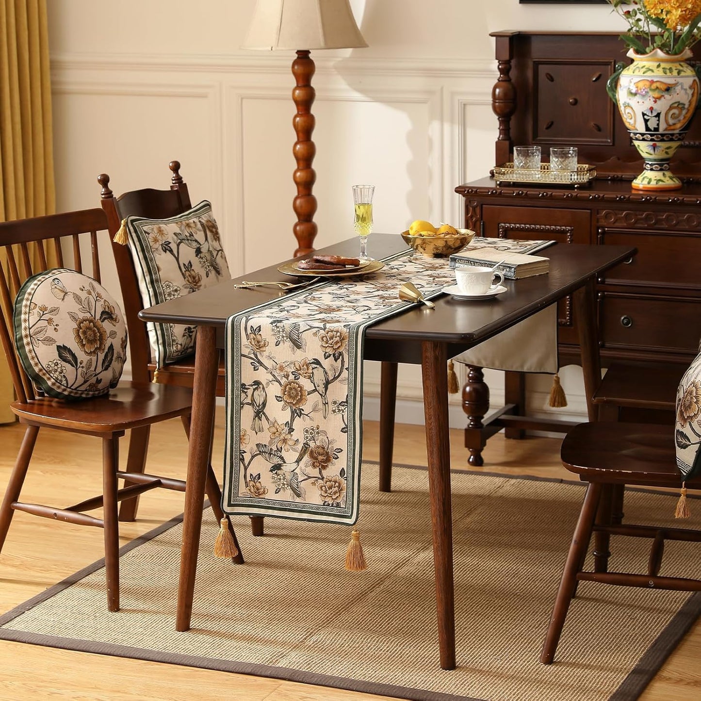 ISAENNE Designer Vintage Beige Linen Table Runner 71 Inches Long,Elegant Floral and Bird Pattern Decor Table Runners for Dining Tables,Thanksgiving,Christmas,Banquet,Party,12"*71"-Murad A