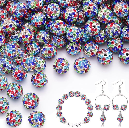 100pcs 10mm Rhinestone Beads for Jewelry Making, White Mixed Shiny Round Shamballa Disco Beads Bulk, Sparkle Crystal Clay Christmas for Bracelet Baseball Necklace Earring Crafting and DIY