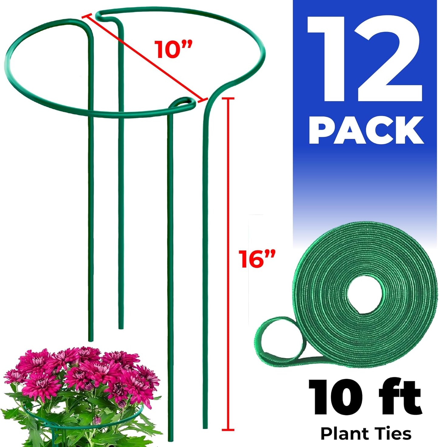 K-Brands 12 Pack Plant Support Stakes – Heavy-Duty Half Round Peony Support Ring and Cage for Indoor and Outdoor Plants – Peony, Tomato, Hydrangea, Rose 10" Wide x 16" High