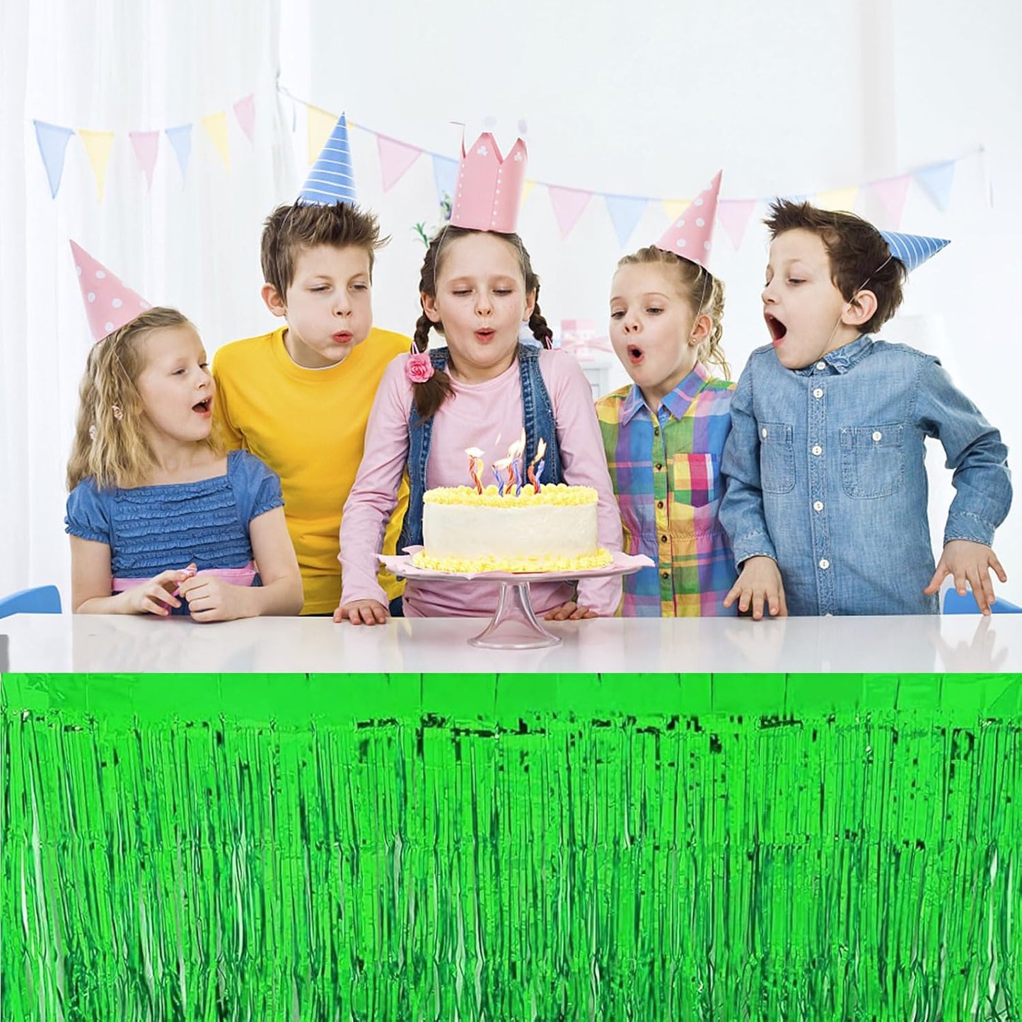 4 Pack Metallic Foil Fringe Tinsel Table Skirts,29x108 Inch Party Disposable Table Skirt Banner for Hotel Banquet Parade Floats Mardi Gras Holiday Birthday Wedding New Year Party Decoration(Green)