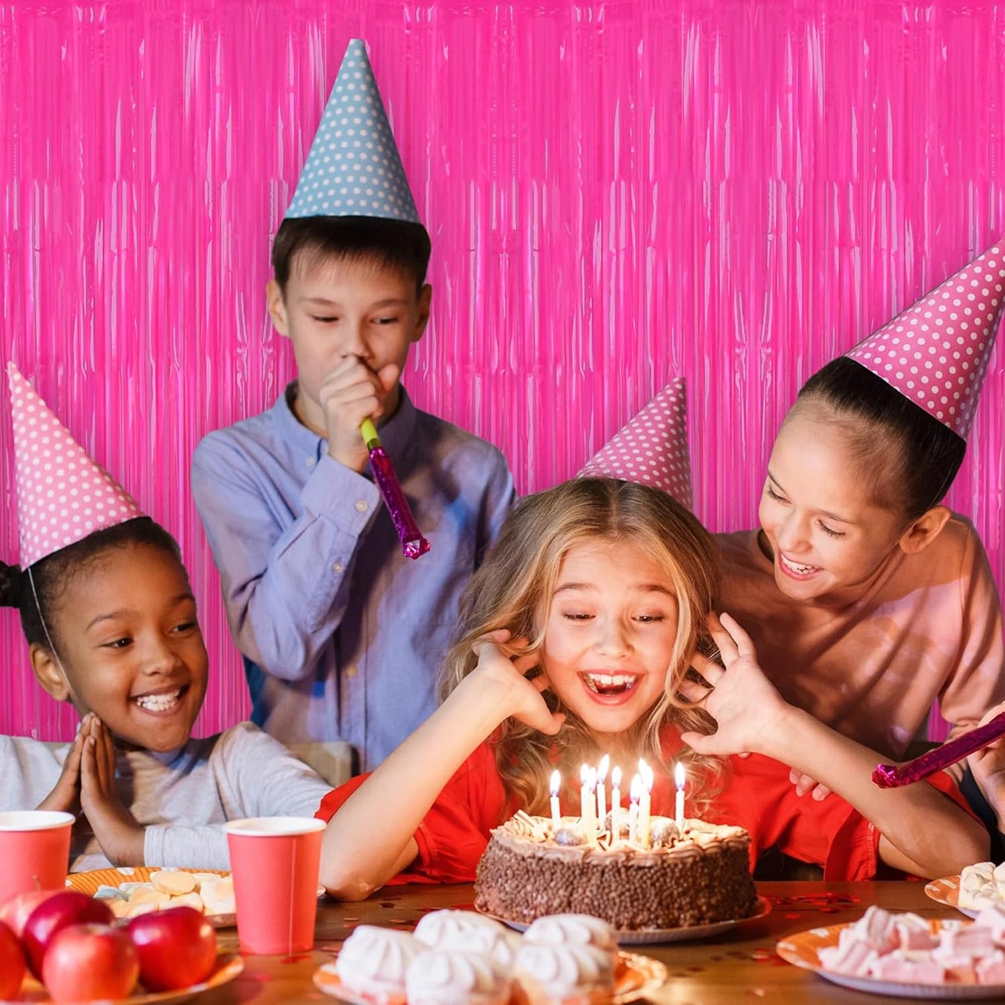 BEISHIDA 2Pcs Hot Pink Door Streamer Fluorescent Hot Pink Backdrop Blue Foil Fringe Curtains Tinsel for Birthday Baby Shower Backdrop Wedding Party Decoration (3.28 ft x 6.56 ft)