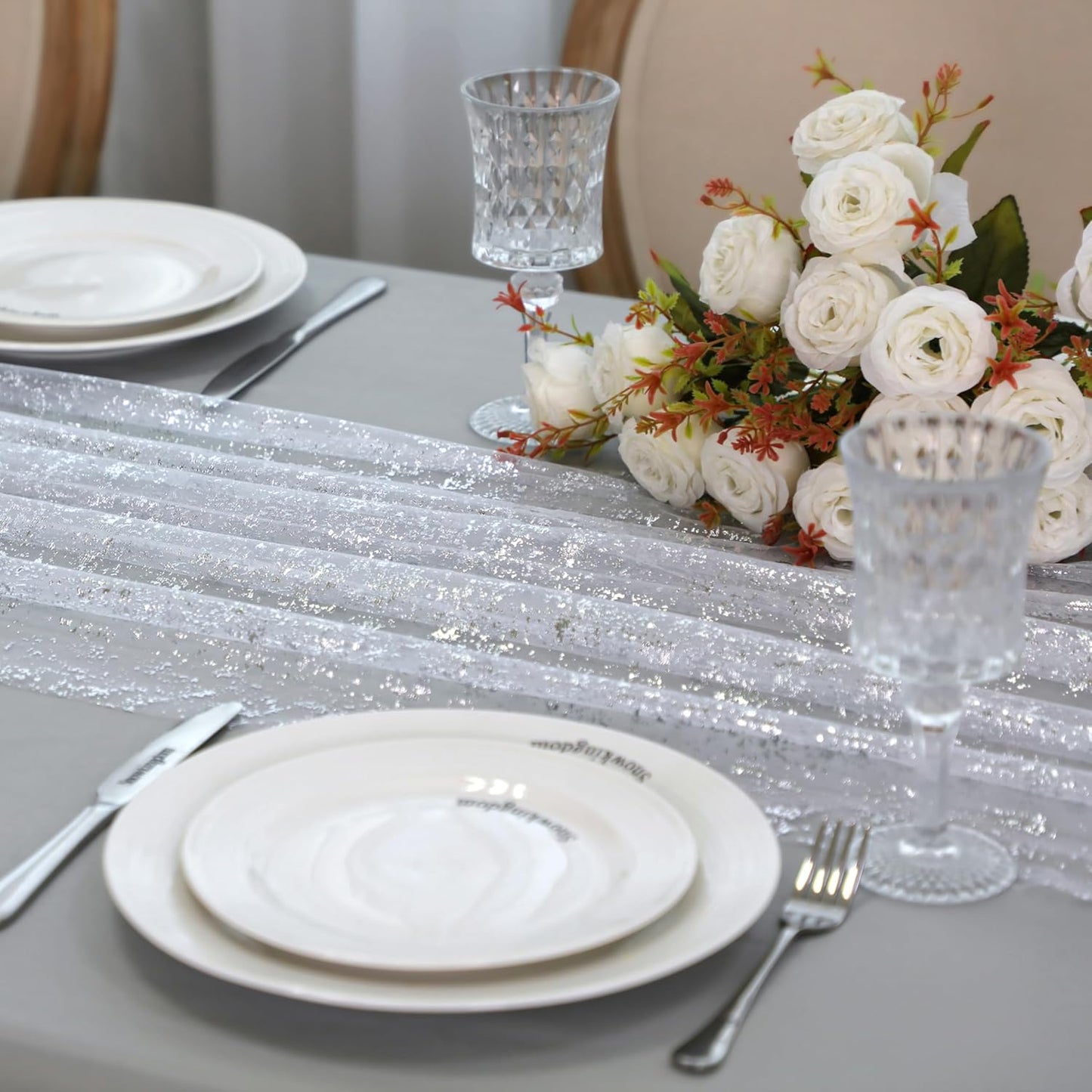 Snowkingdom 10 FT White Silver Cheesecloth Table Runner, Sequin Metallic Foil Sheer Chiffon Gauze, Glitter Silver Party Table Decoration Centerpieces for Wedding Birthday Bridal Baby Shower Christmas