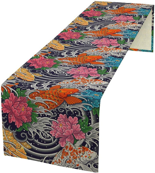 Japanese Retro Flowers Table Runner Oriental Tradition Kio Fish Art Printed Burlap Runner Home Kitchen Dining Table Living Room Decor Fabric 1 Panel W13xL70in
