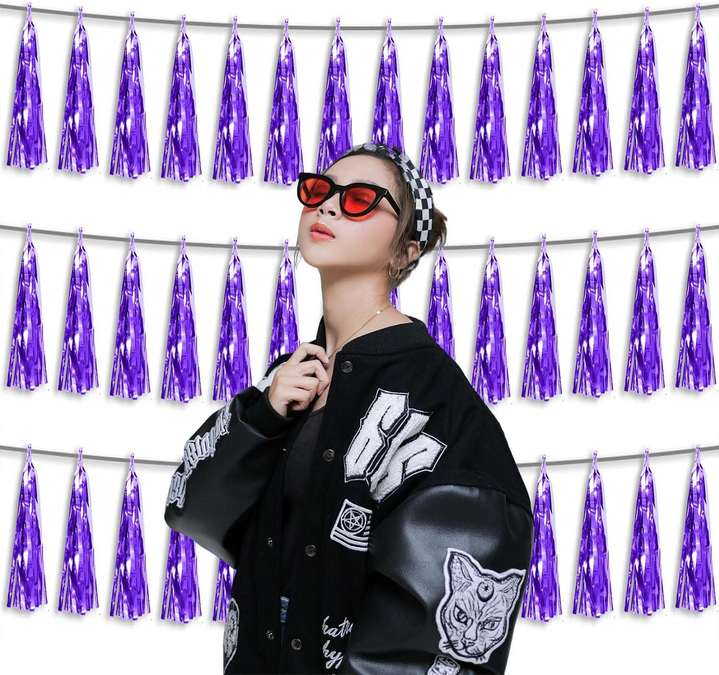 3P Metallic Fringe Tassel Banner Garland Foil Tinsel Streamer Wall Hanging Curtain Backdrop Banner for Parade Floats,Graduation Decorations, Father's Day Party Decoration(Purple)