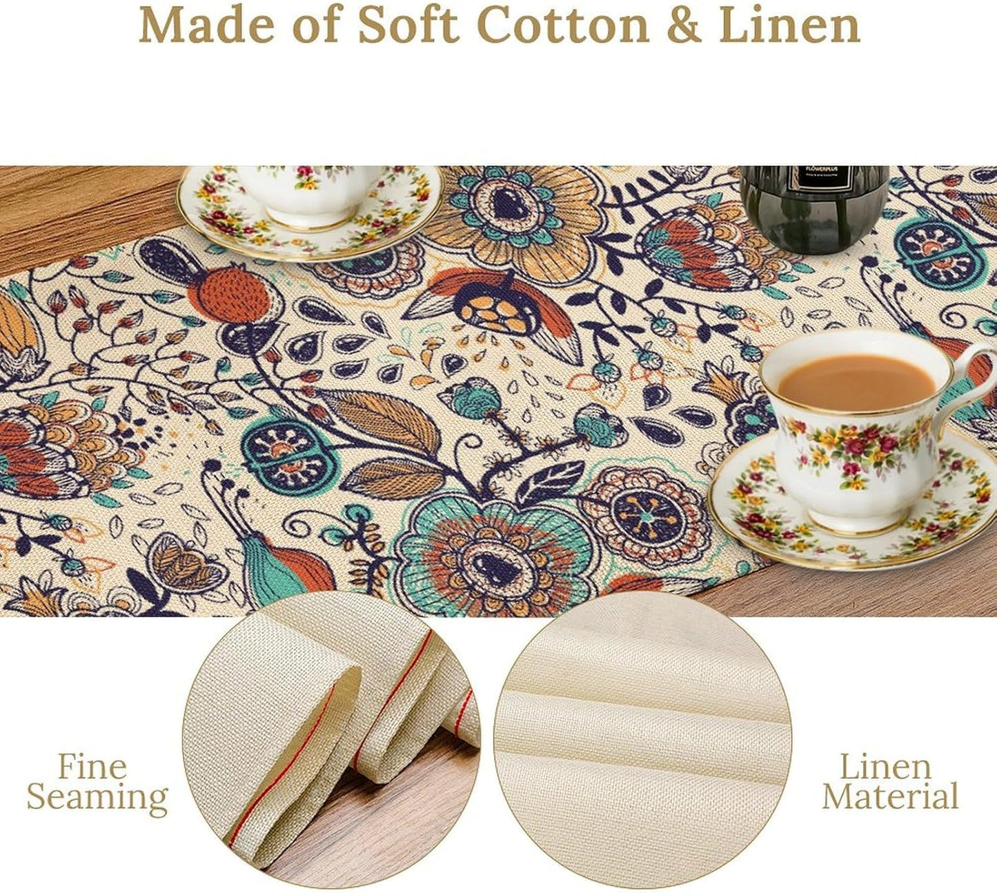 Boho Floral Table Runner,Vintage Flowers Tropical Plants Country Style Table Cloth Kitchen Dining Table Home Party Decoration 13x120 Inch