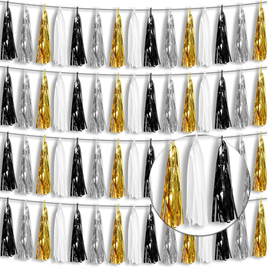 4P Black Gold Silver Foil Fringe Tassel Banner Garland Metallic Tinsel Streamers Wall Hanging Curtain Backdrop Banner for Parade Floats, 2024 Graduation Decorations, New Years Decorations, Father' Day