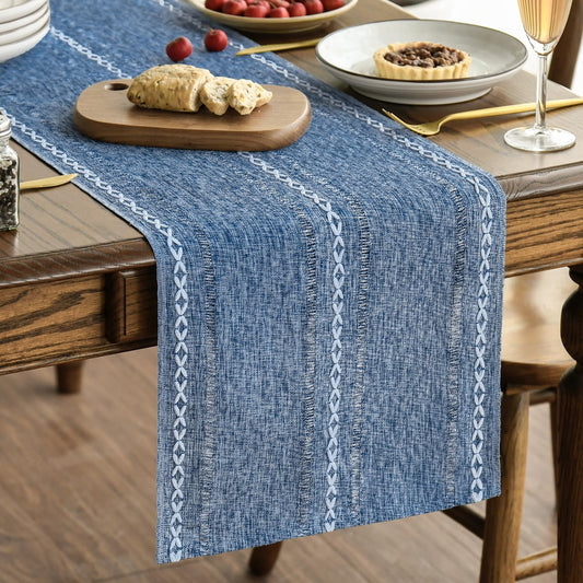 Artoid Mode Blue Rustic Cotton Linen Table Runner, Seasonal Embroidered Hollow Kitchen Dining Table Decoration for Home Party Decor 13x108 Inch