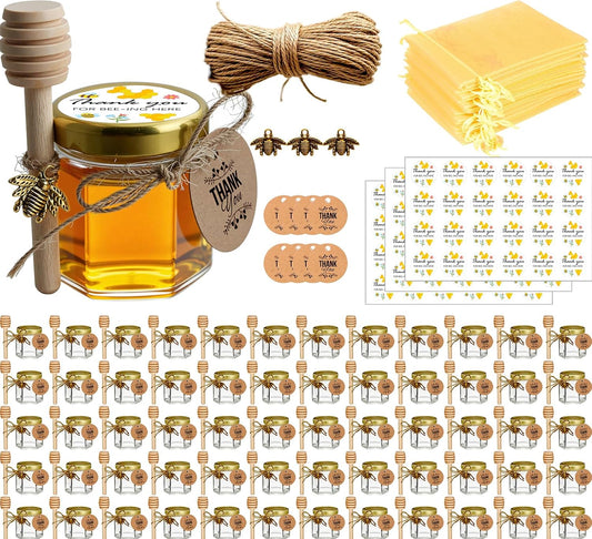 Adabocute 60 Pack Mini Honey Jars with Dipper - Honey Pot with Gold Lid, Bee Pendants, Jutes, Gift Bags and Stickers - For Baby Shower Wedding Favors